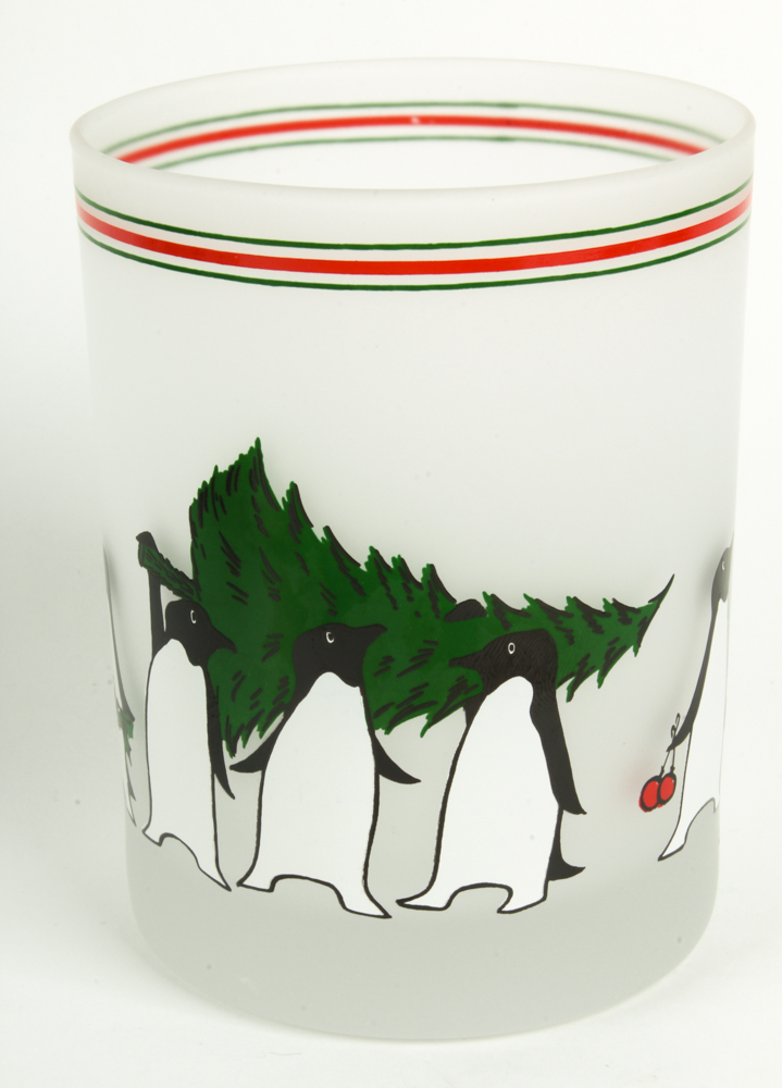 Neiman Marcus Frosted Penguin Tumblers, Christmas Napkins, and Drink Stirrers