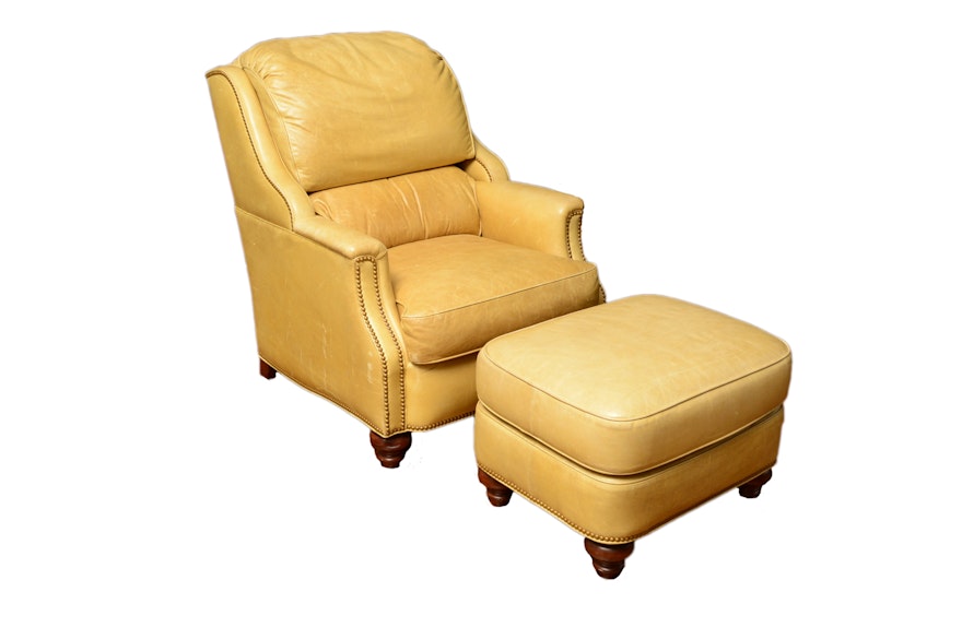 Gold Leather Armchair and Ottoman