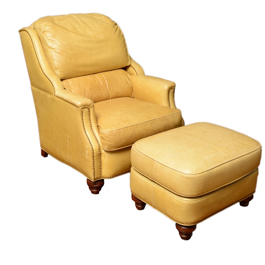 Gold Leather Armchair and Ottoman