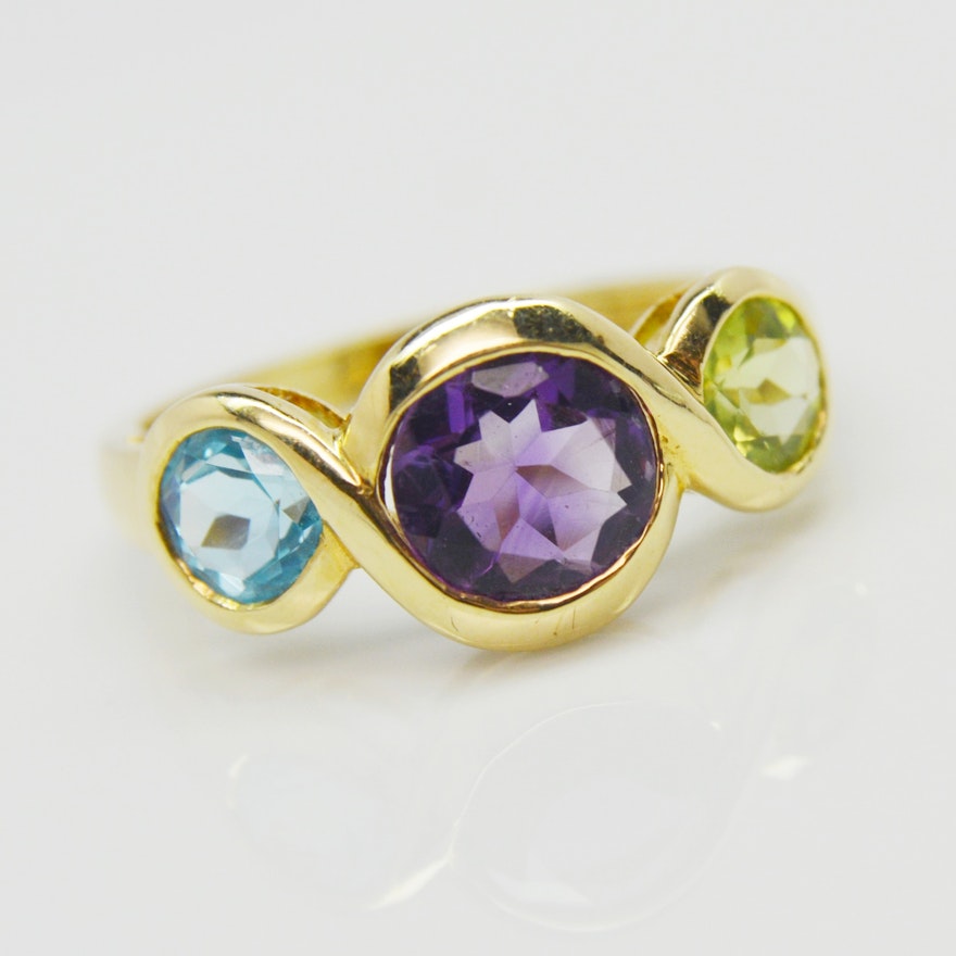 14K Yellow Gold Amethyst, Peridot and Topaz Ring