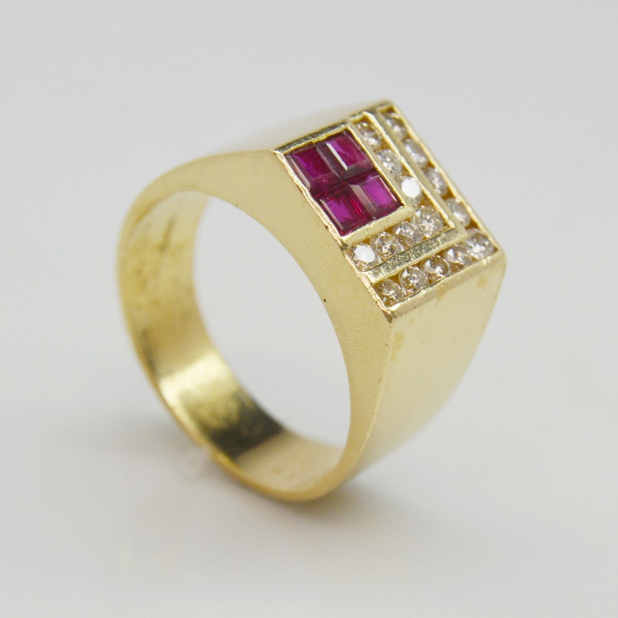 14K Yellow Gold Diamond and Ruby Ring