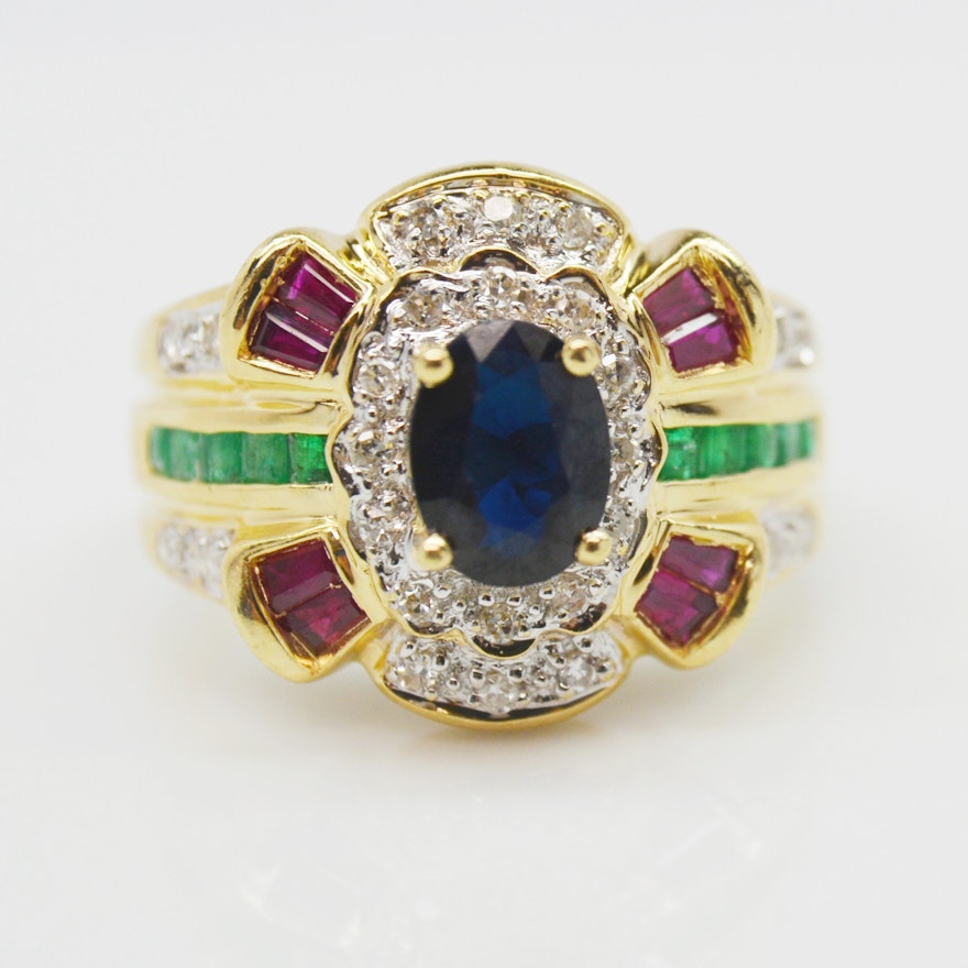14K Yellow Gold Sapphire, Ruby, Emerald and Diamond Ring