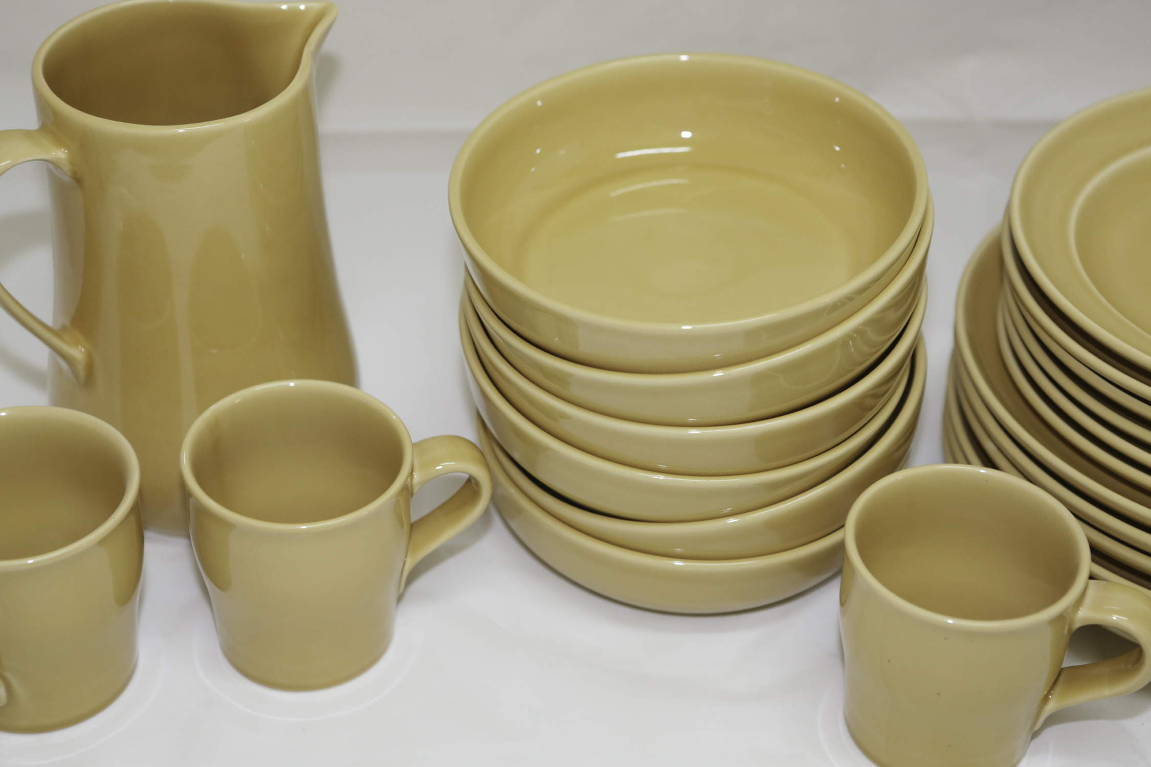 Pottery Barn "Sophia" Yellow Stoneware Plates, Bowls, Mugs and a Pitcher