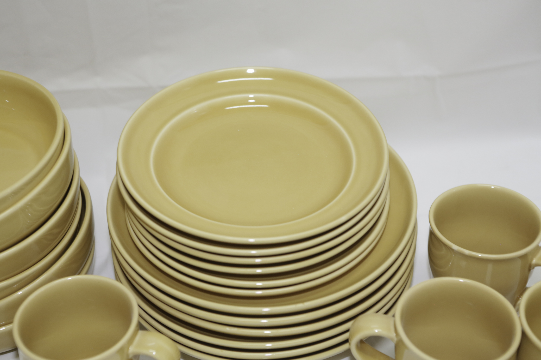 Pottery Barn "Sophia" Yellow Stoneware Plates, Bowls, Mugs and a Pitcher