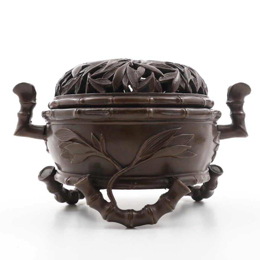 Chinese Republic Period Bronze Bamboo Censer With Pierced Cover