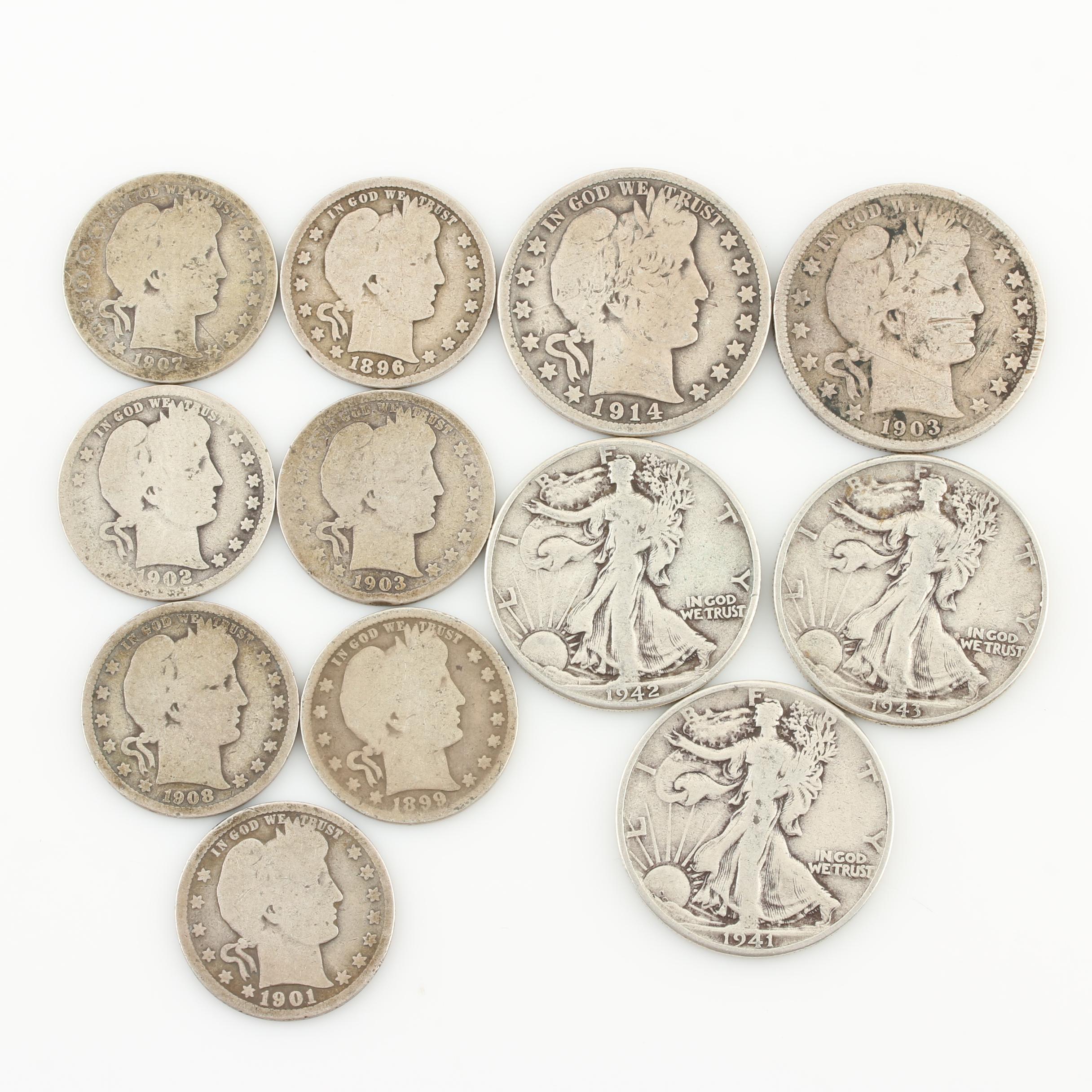 Group of Antique Barber Silver Coins and Walking Liberty Silver Half Dollars