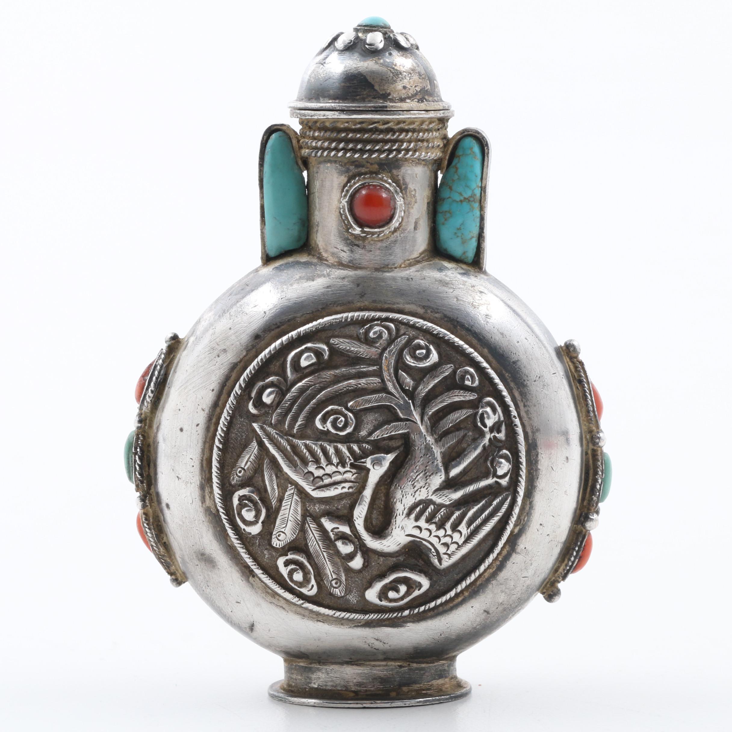 Late Qing Dynasty Mongolian Sterling Snuff Bottle with Coral and Turquoise