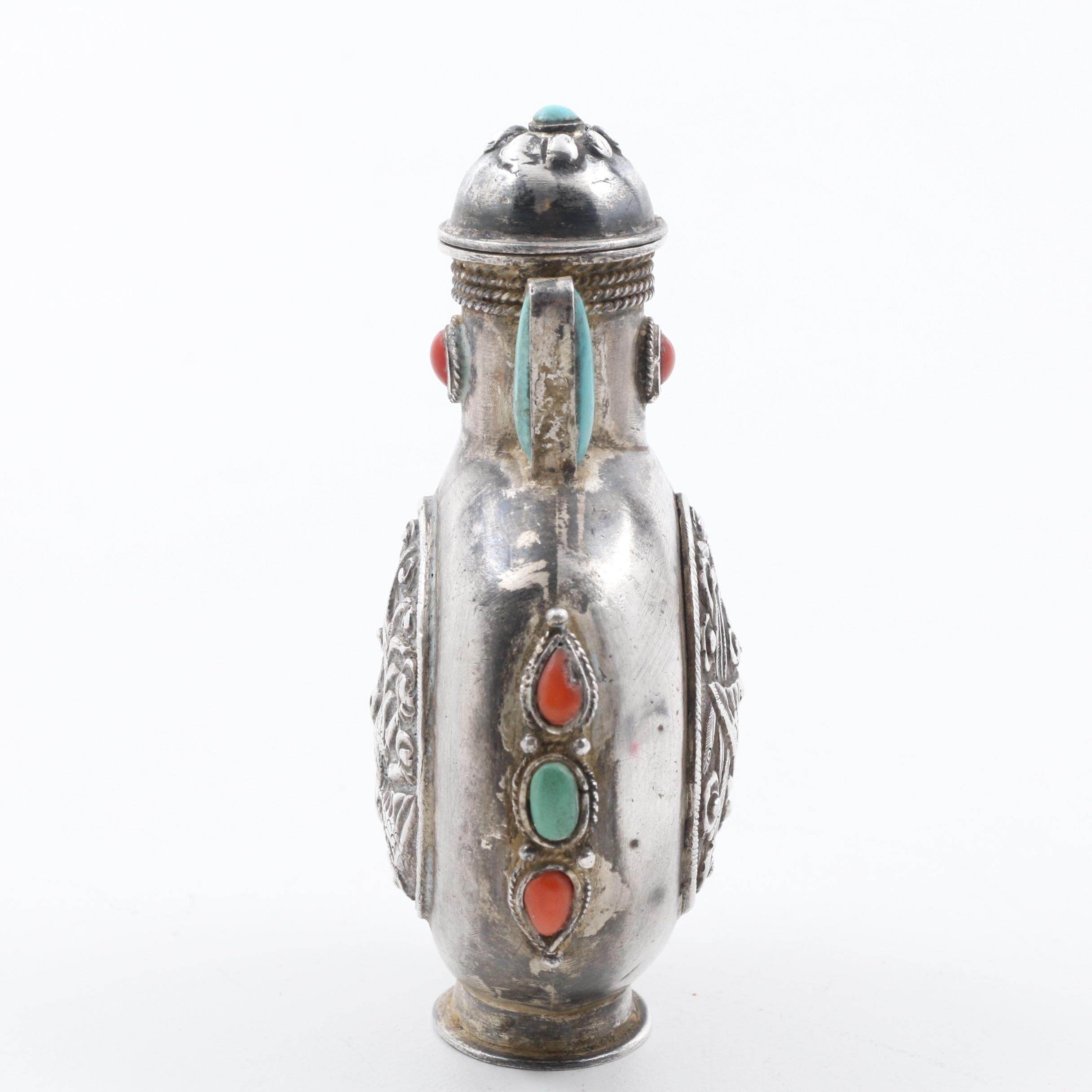 Late Qing Dynasty Mongolian Sterling Snuff Bottle with Coral and Turquoise