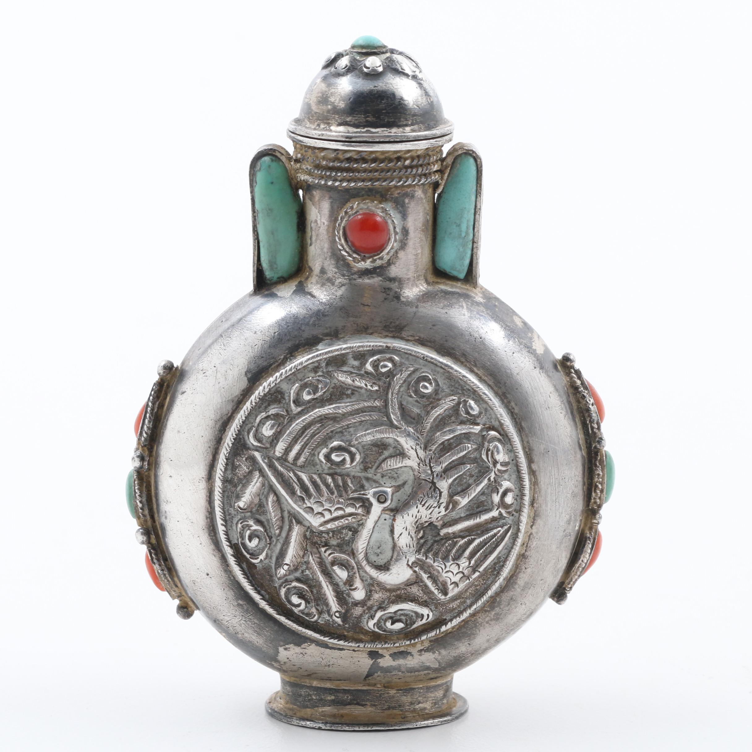 Late Qing Dynasty Mongolian Sterling Snuff Bottle with Coral and Turquoise