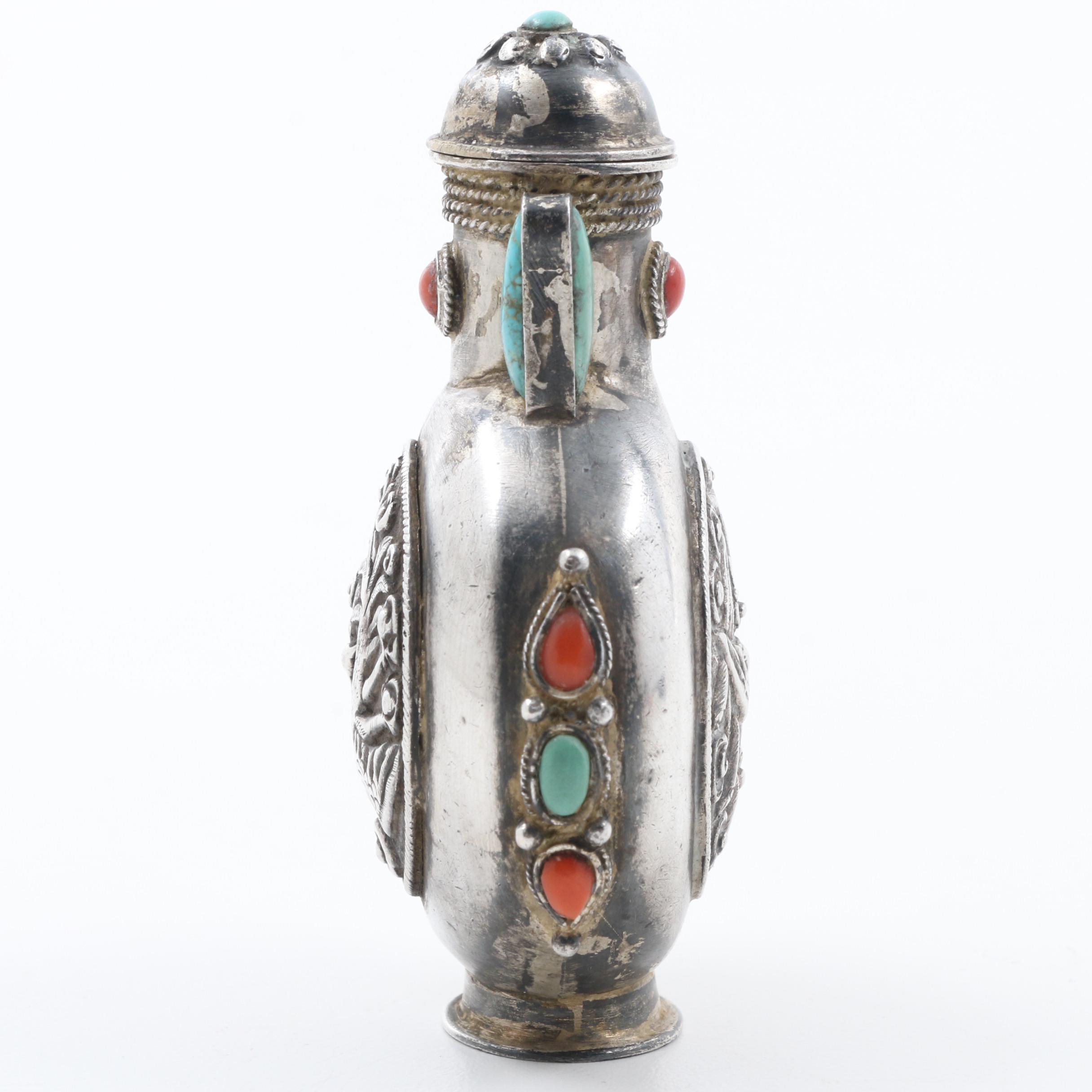 Late Qing Dynasty Mongolian Sterling Snuff Bottle with Coral and Turquoise