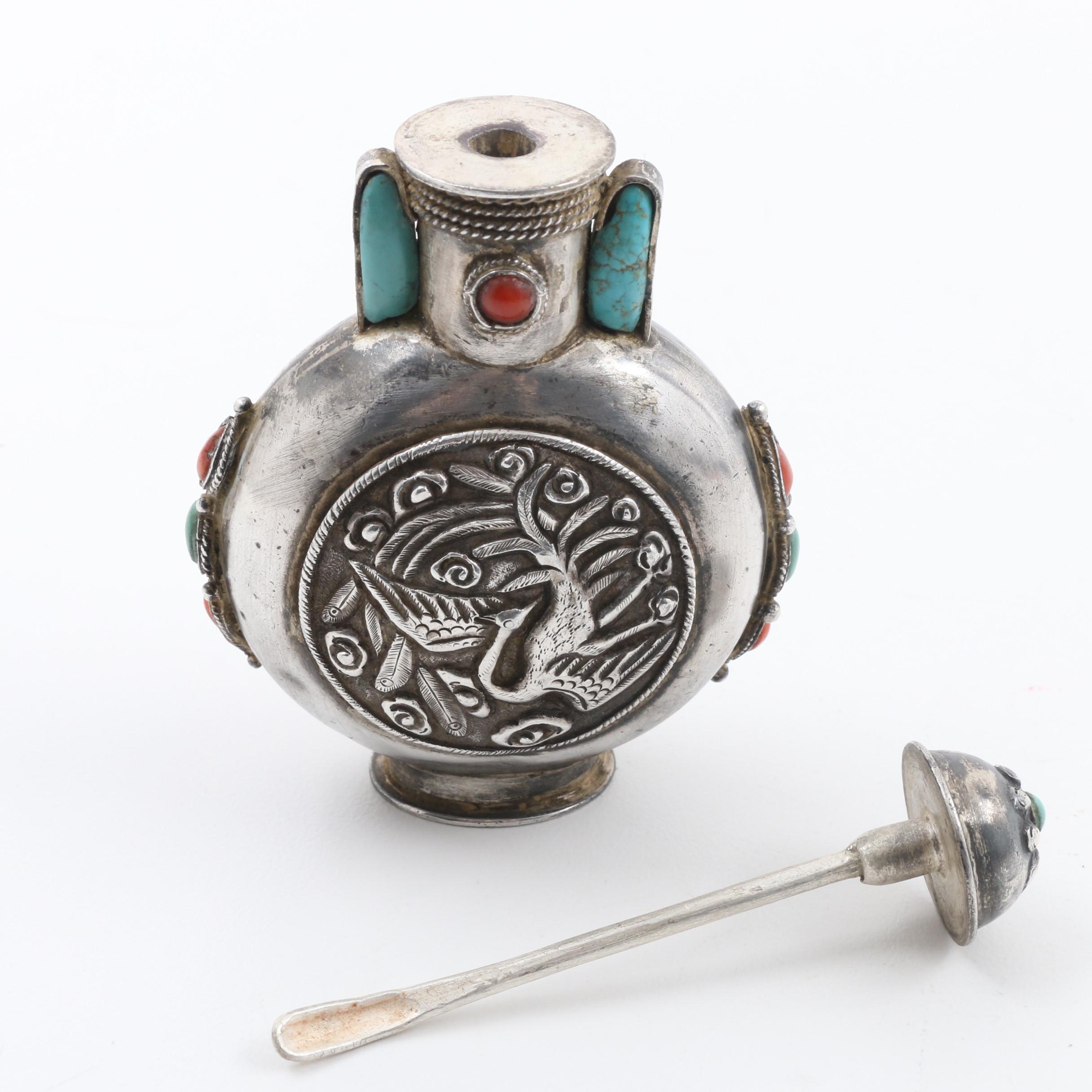 Late Qing Dynasty Mongolian Sterling Snuff Bottle with Coral and Turquoise