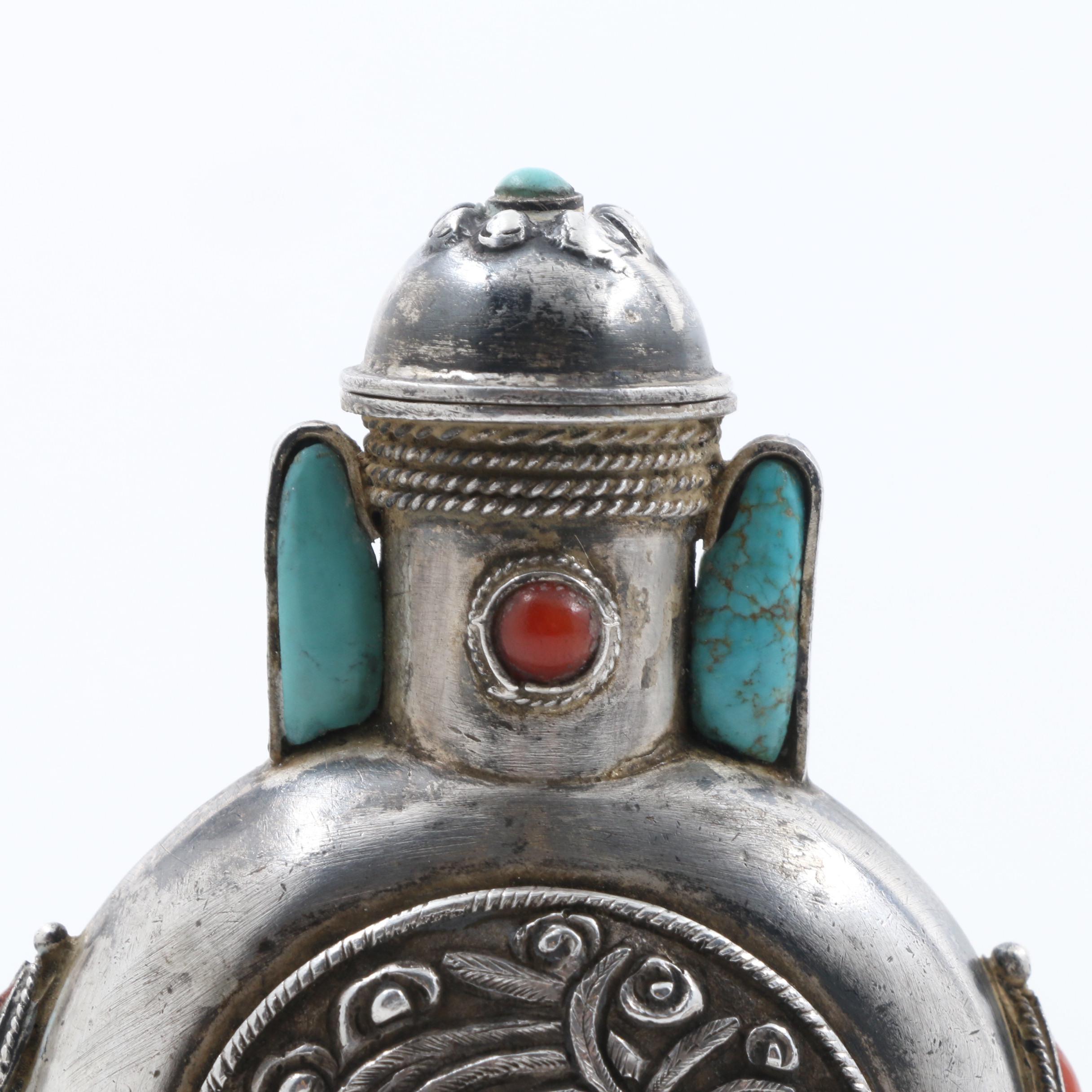 Late Qing Dynasty Mongolian Sterling Snuff Bottle with Coral and Turquoise
