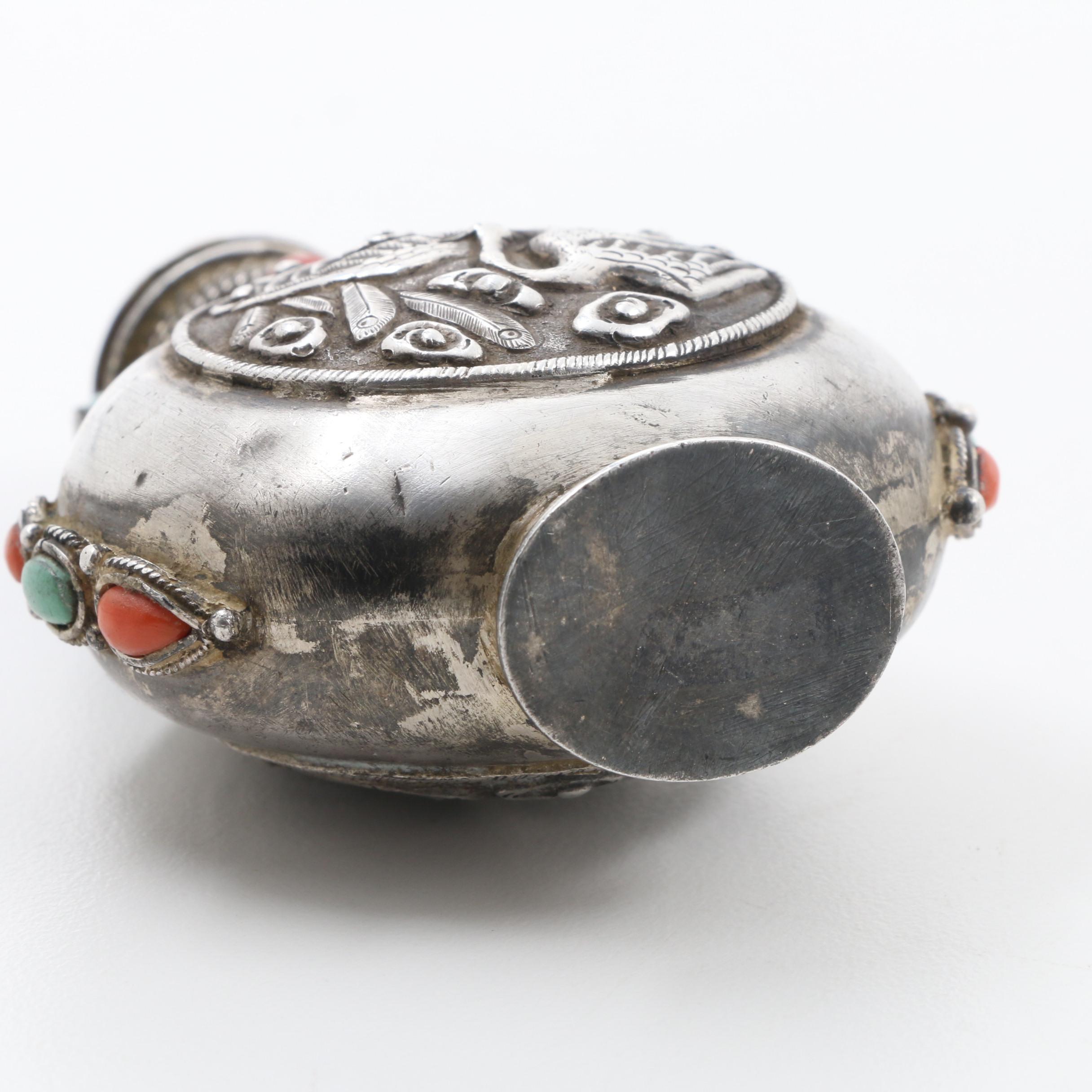 Late Qing Dynasty Mongolian Sterling Snuff Bottle with Coral and Turquoise