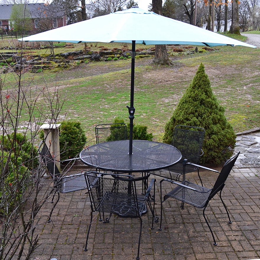 Metal Patio Table with Umbrella and Chairs