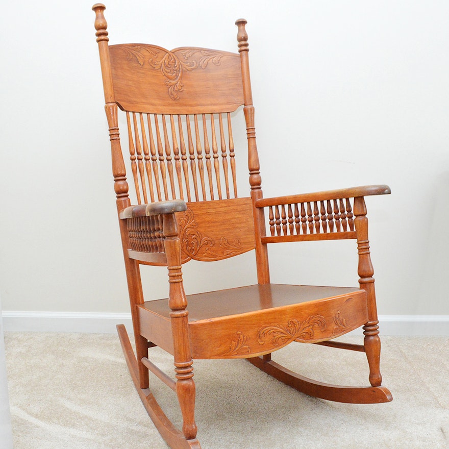 Vintage Maple Carved Back Rocking Chair
