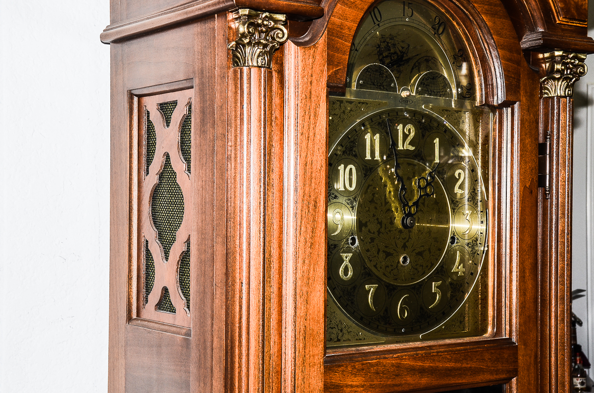 Wooden Grandfather Clock with Moon Phase Dial and USC Pendulum