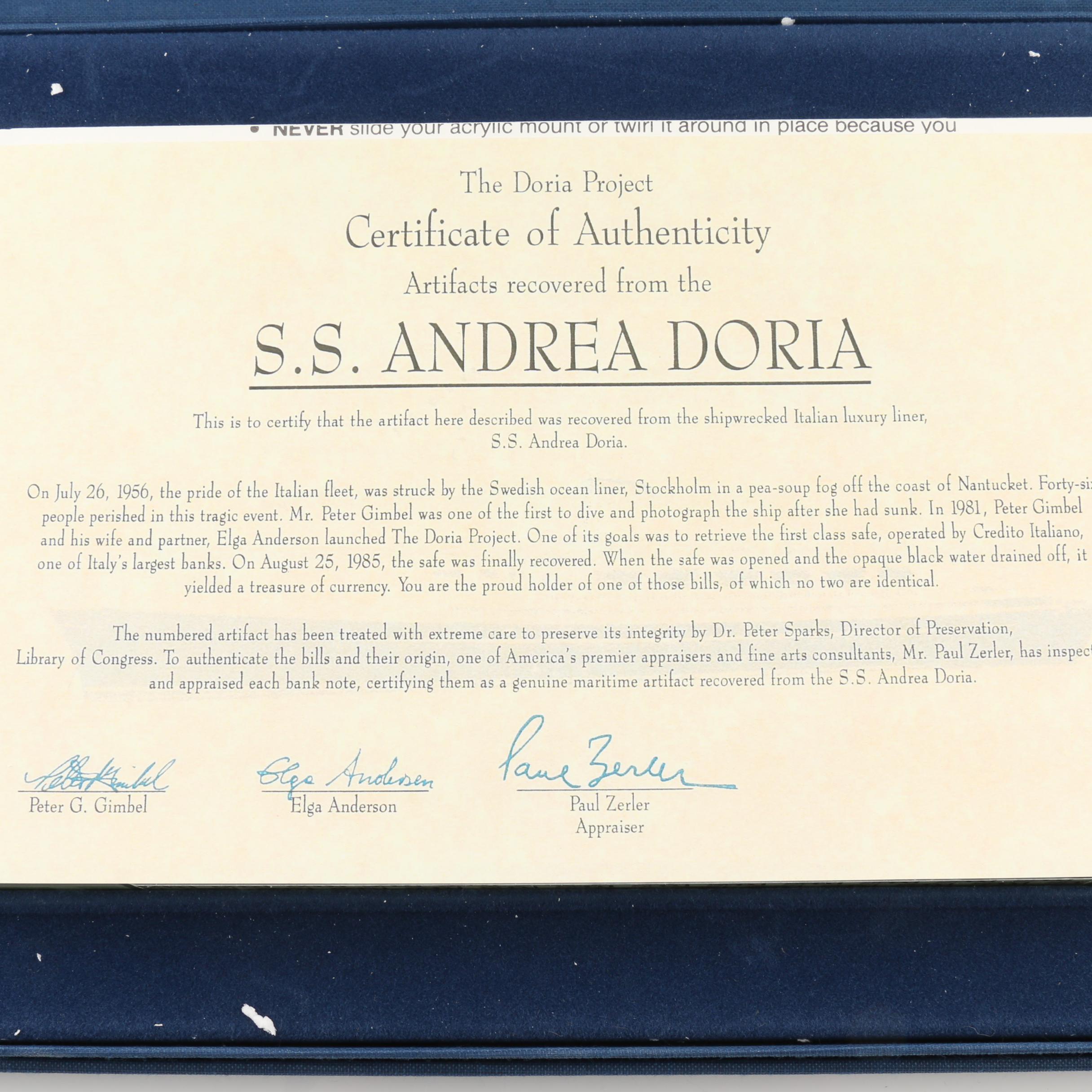 PCGS Graded $1 Silver Cerificate from the S.S. Andrea Doria Shipwreck