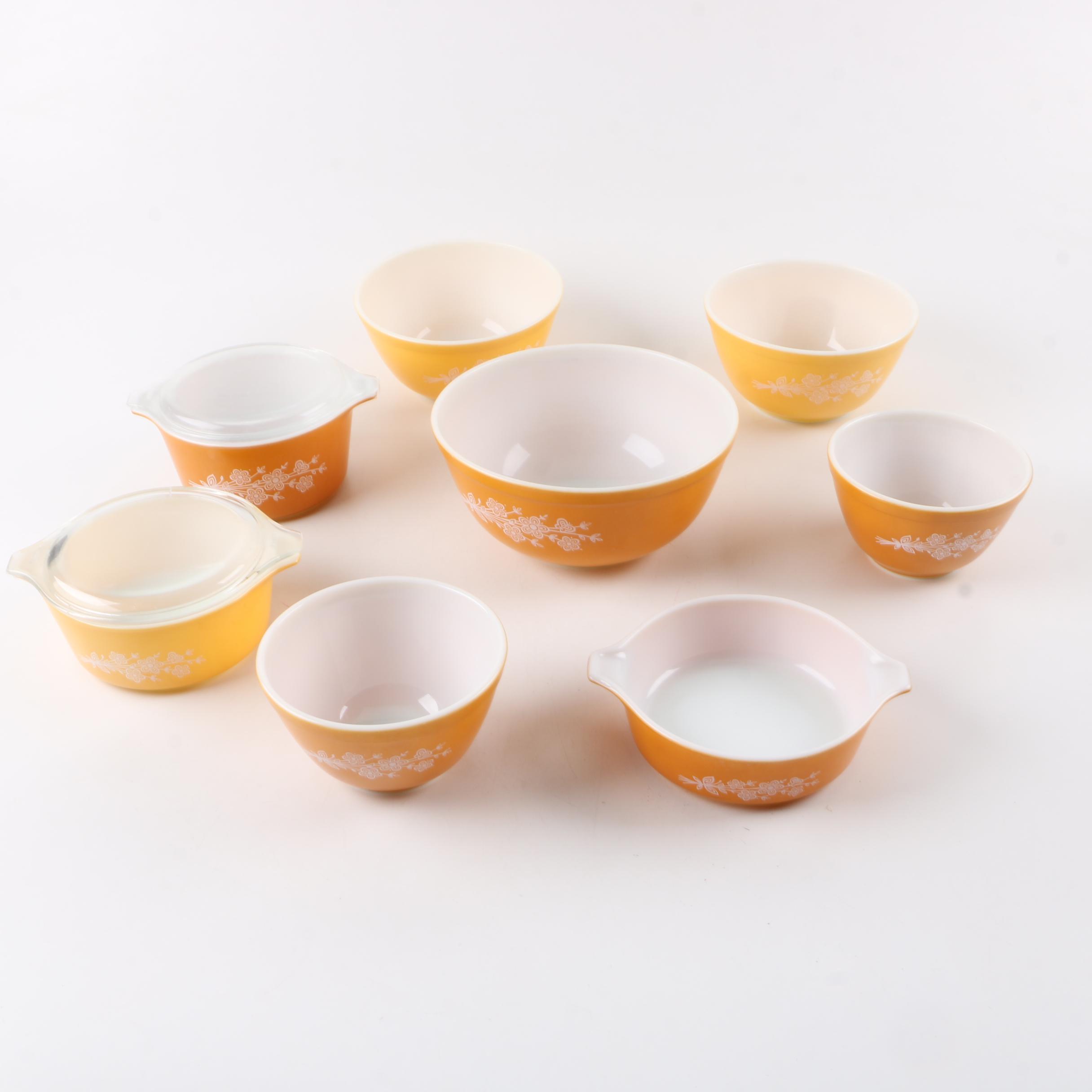 Vintage Pyrex "Butterfly Gold" Mixing Bowls and Baking Dishes 1972-81