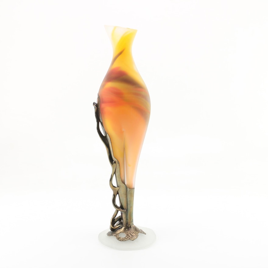 Art Glass Vase with Trailed Metal Overlay