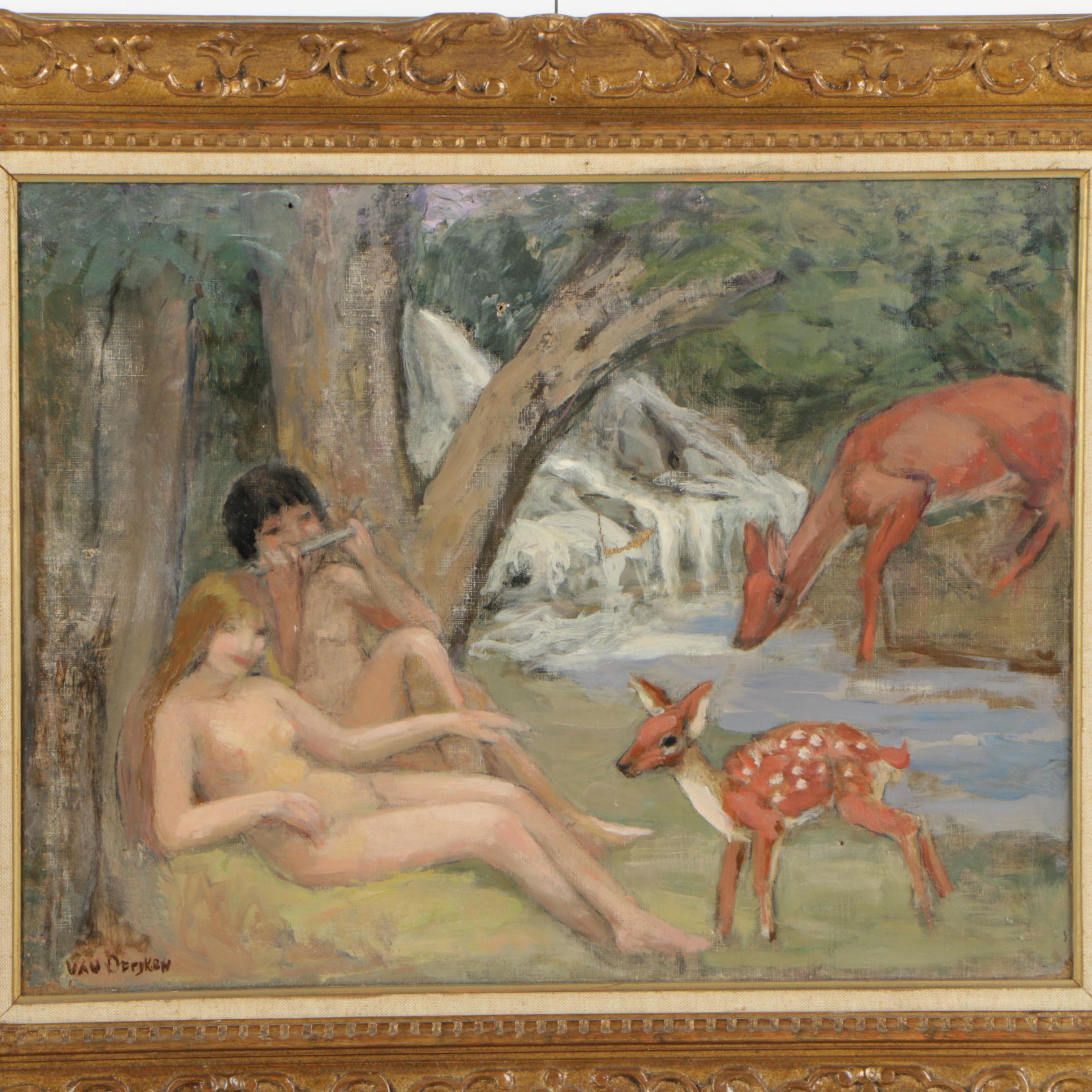 Vintage Oil Painting of Nude Couple with Deer