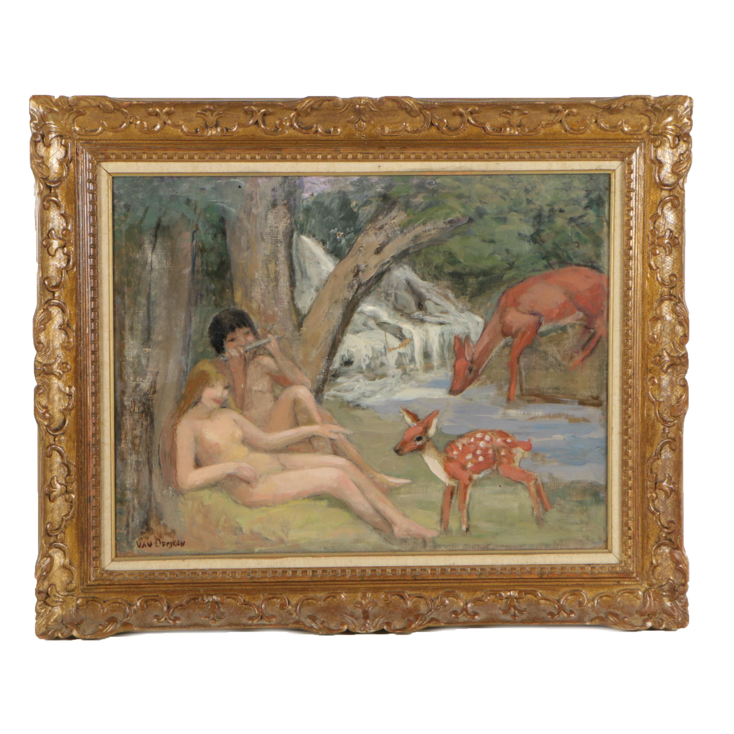 Vintage Oil Painting of Nude Couple with Deer
