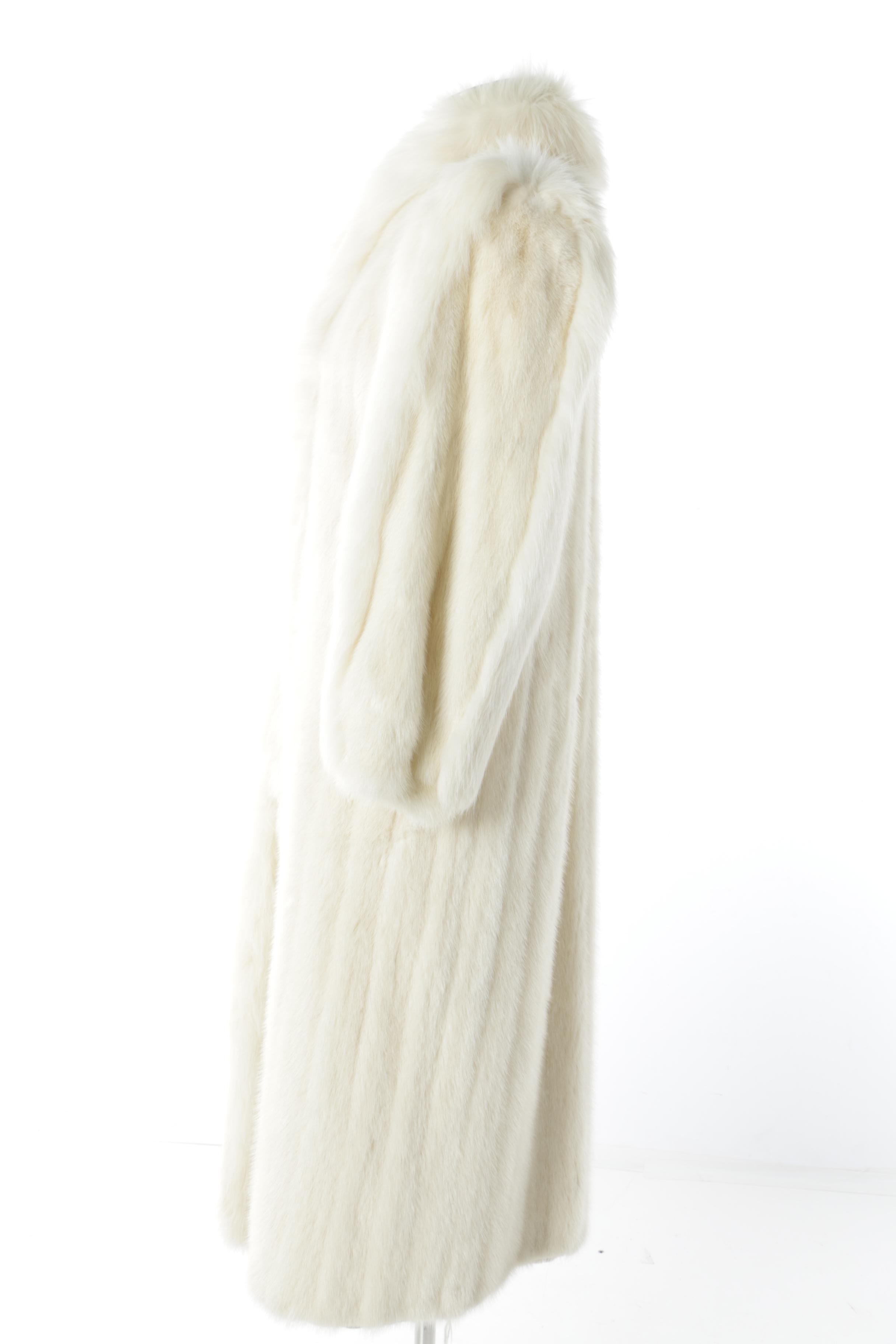 Women's Platinum Mink Fur Coat with White Fox Fur Collar