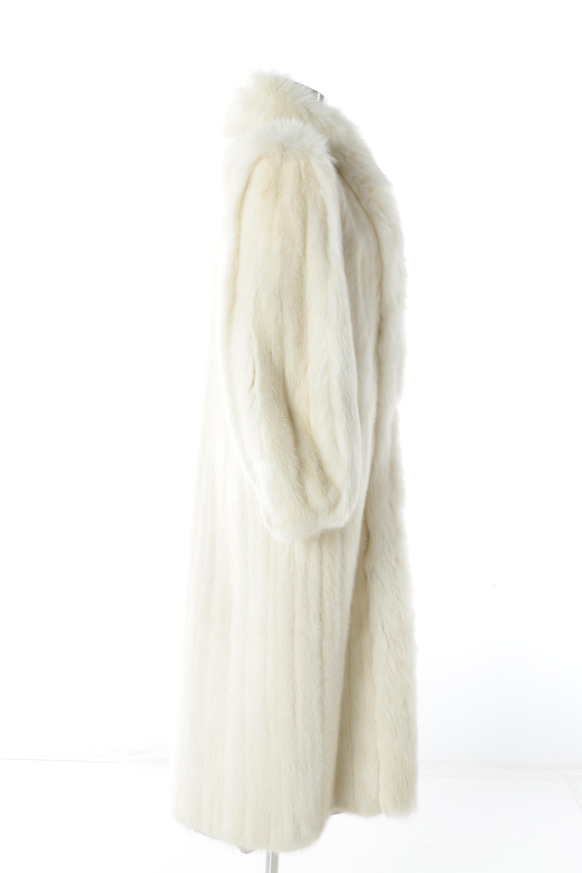 Women's Platinum Mink Fur Coat with White Fox Fur Collar