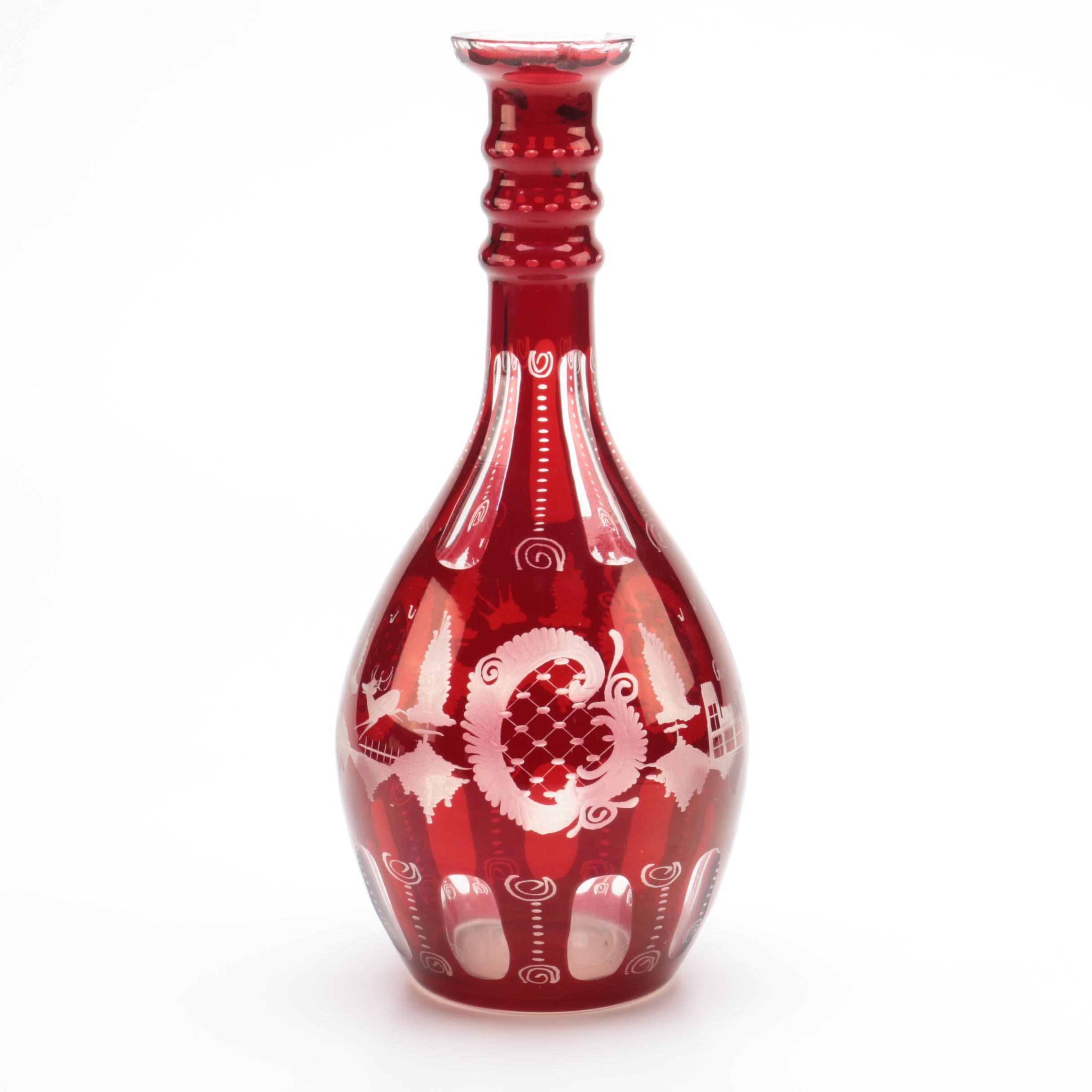 Vintage Egermann Style Ruby Cut To Clear Crystal Decanter