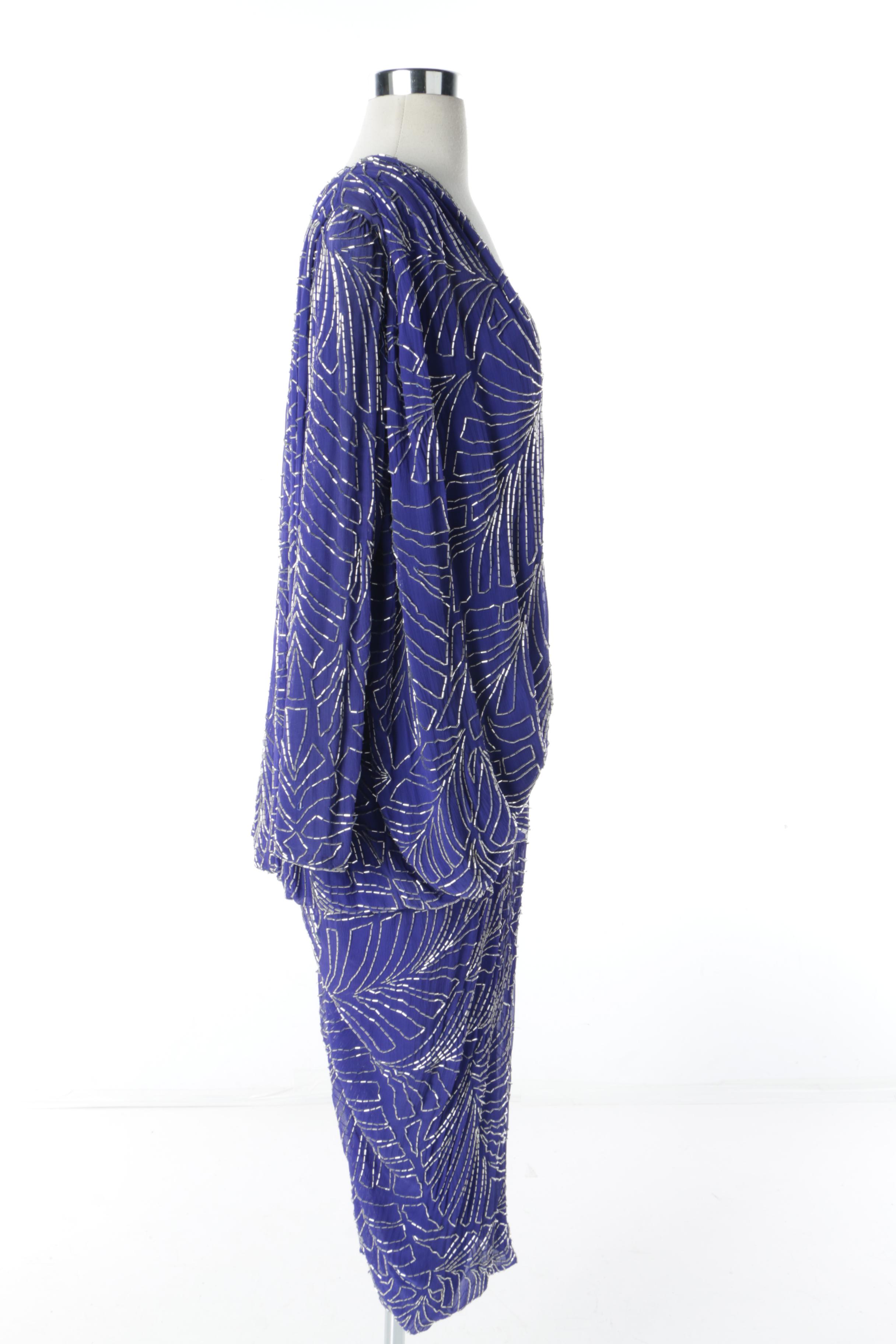 Circa 1980s Judith Ann Creations Beaded Blue Silk Chiffon Dress