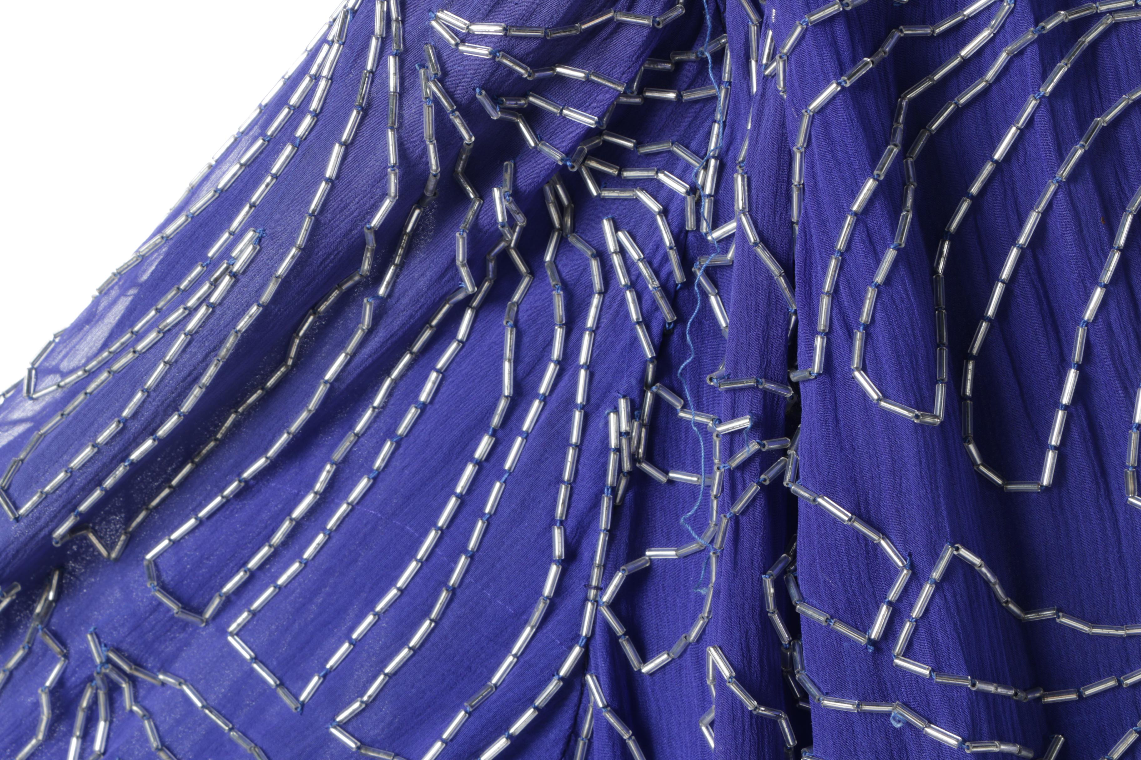 Circa 1980s Judith Ann Creations Beaded Blue Silk Chiffon Dress