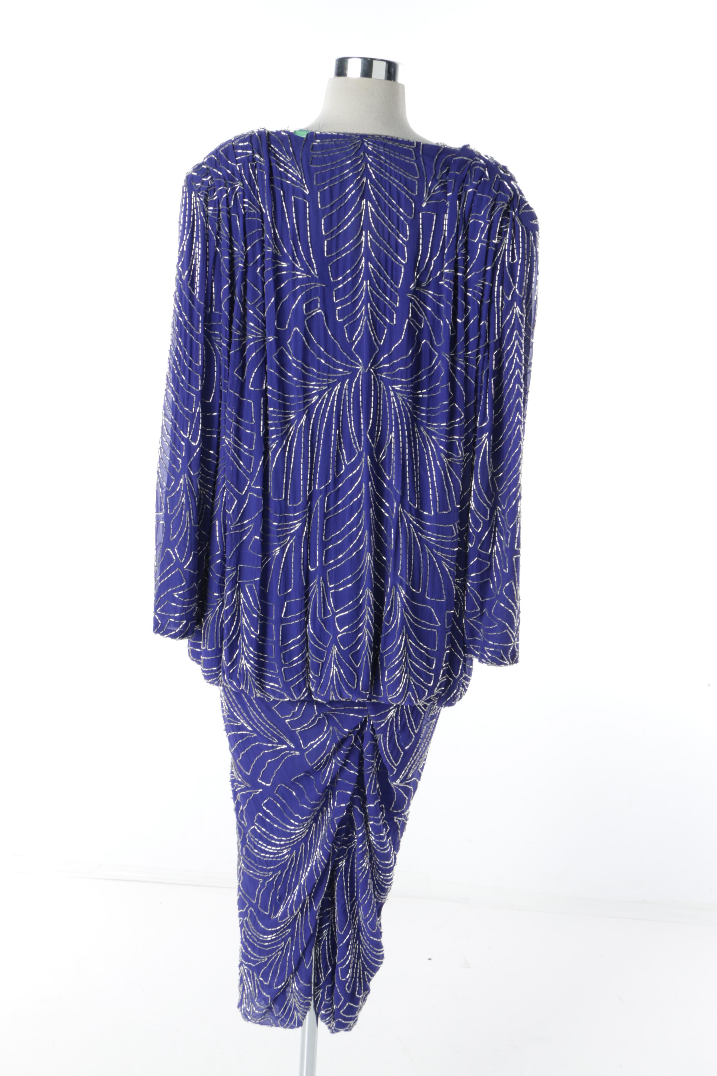 Circa 1980s Judith Ann Creations Beaded Blue Silk Chiffon Dress
