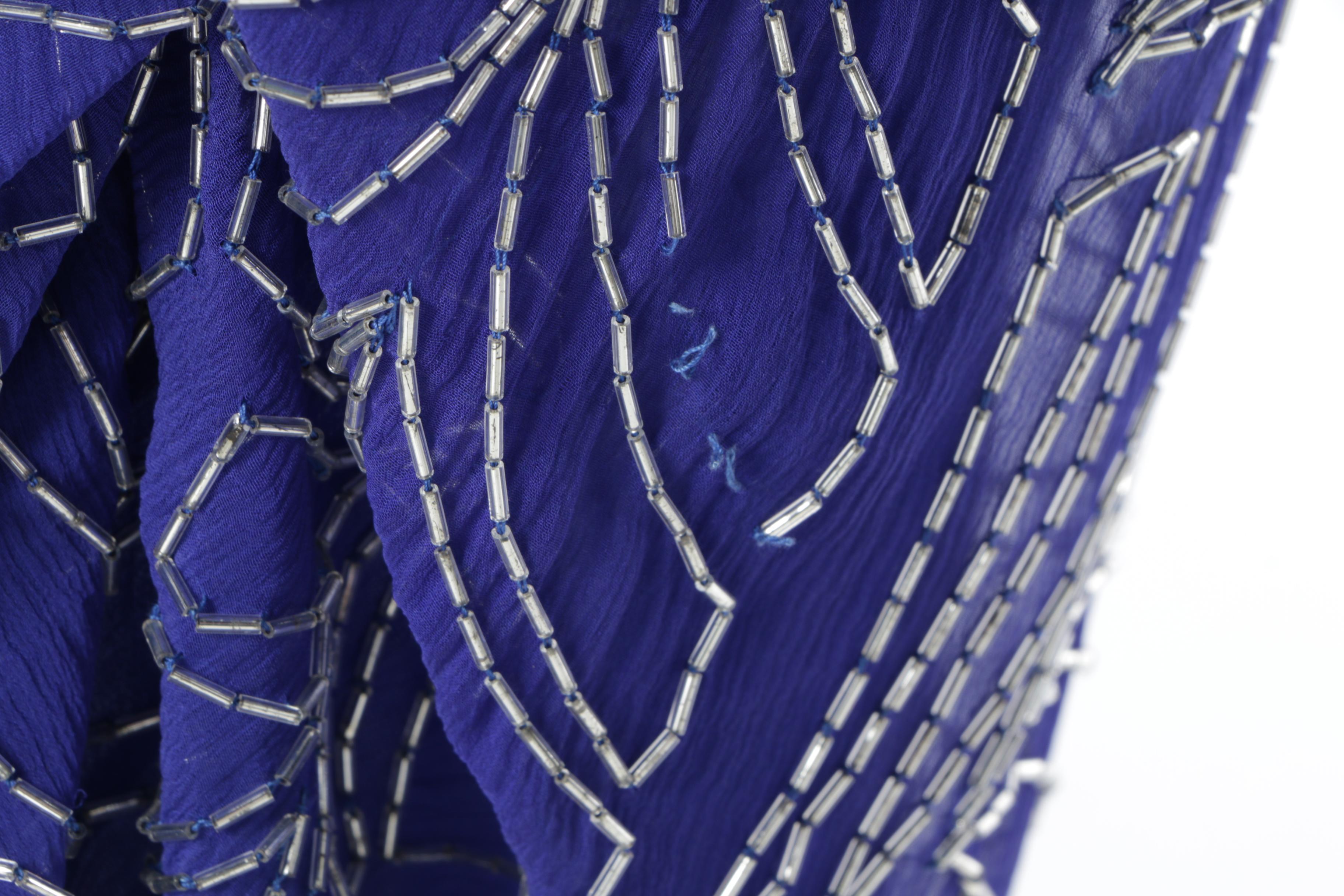 Circa 1980s Judith Ann Creations Beaded Blue Silk Chiffon Dress