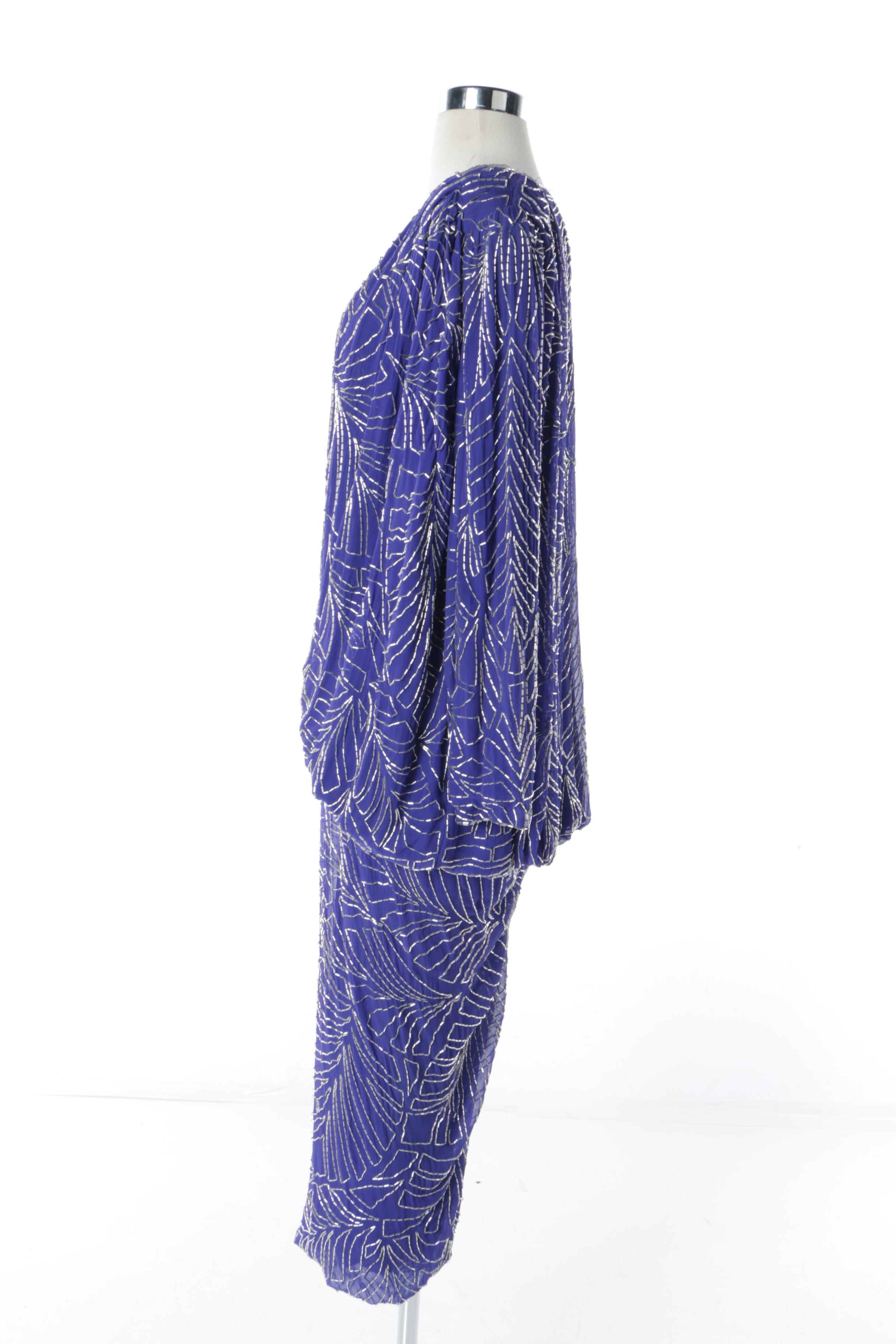 Circa 1980s Judith Ann Creations Beaded Blue Silk Chiffon Dress