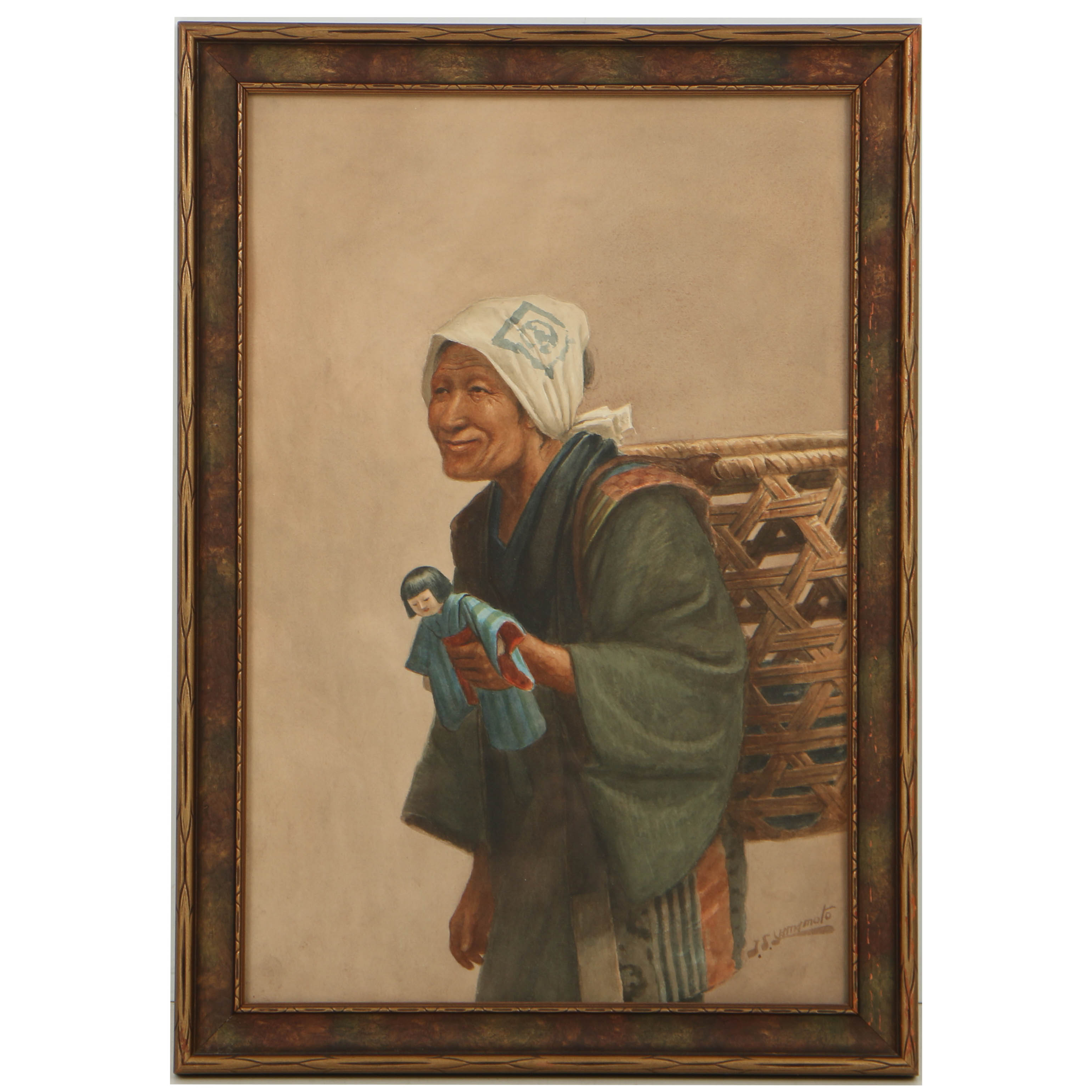 J.S. Yamamoto Watercolor Portrait on Paper of Villager with a Doll
