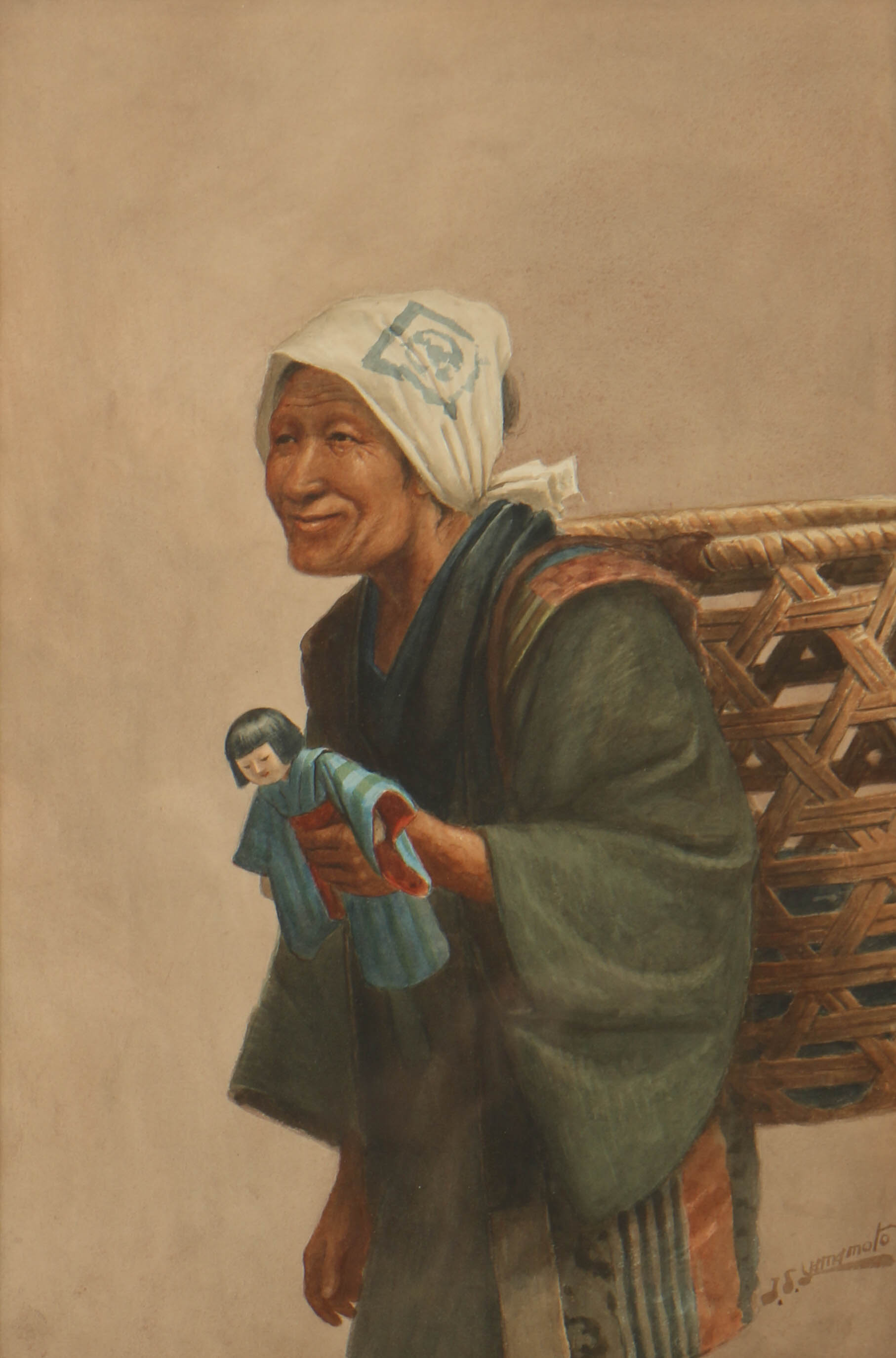 J.S. Yamamoto Watercolor Portrait on Paper of Villager with a Doll