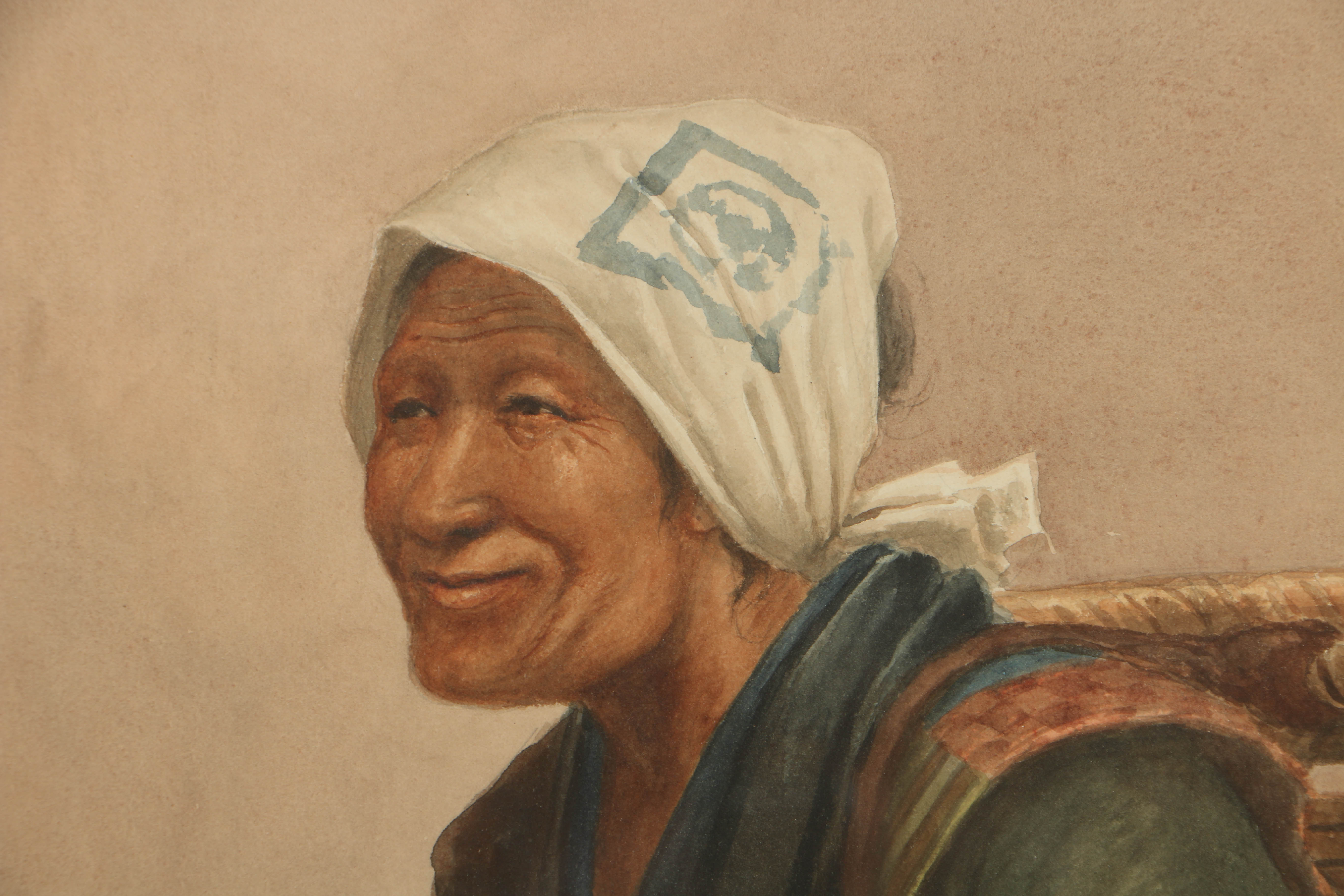 J.S. Yamamoto Watercolor Portrait on Paper of Villager with a Doll