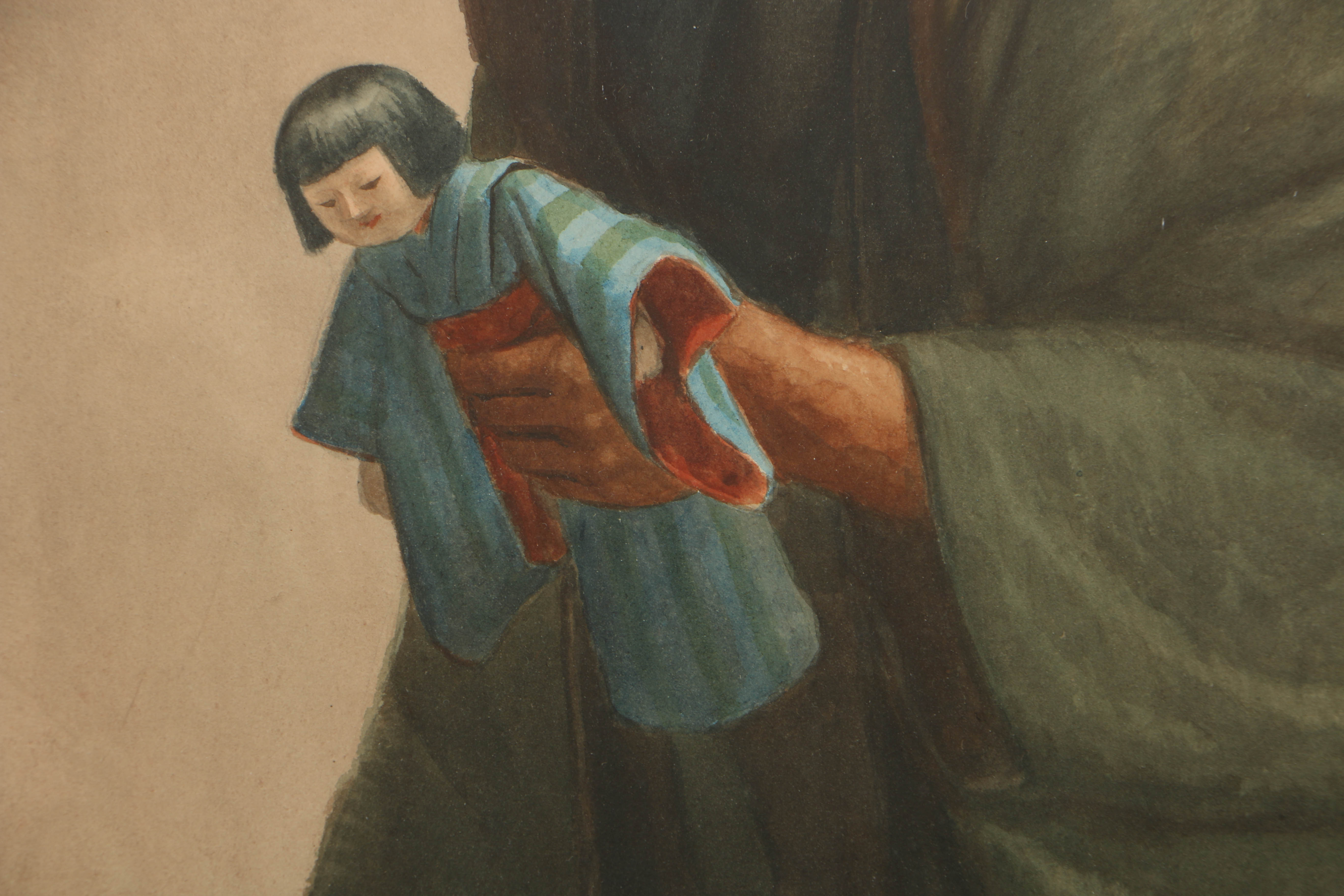 J.S. Yamamoto Watercolor Portrait on Paper of Villager with a Doll