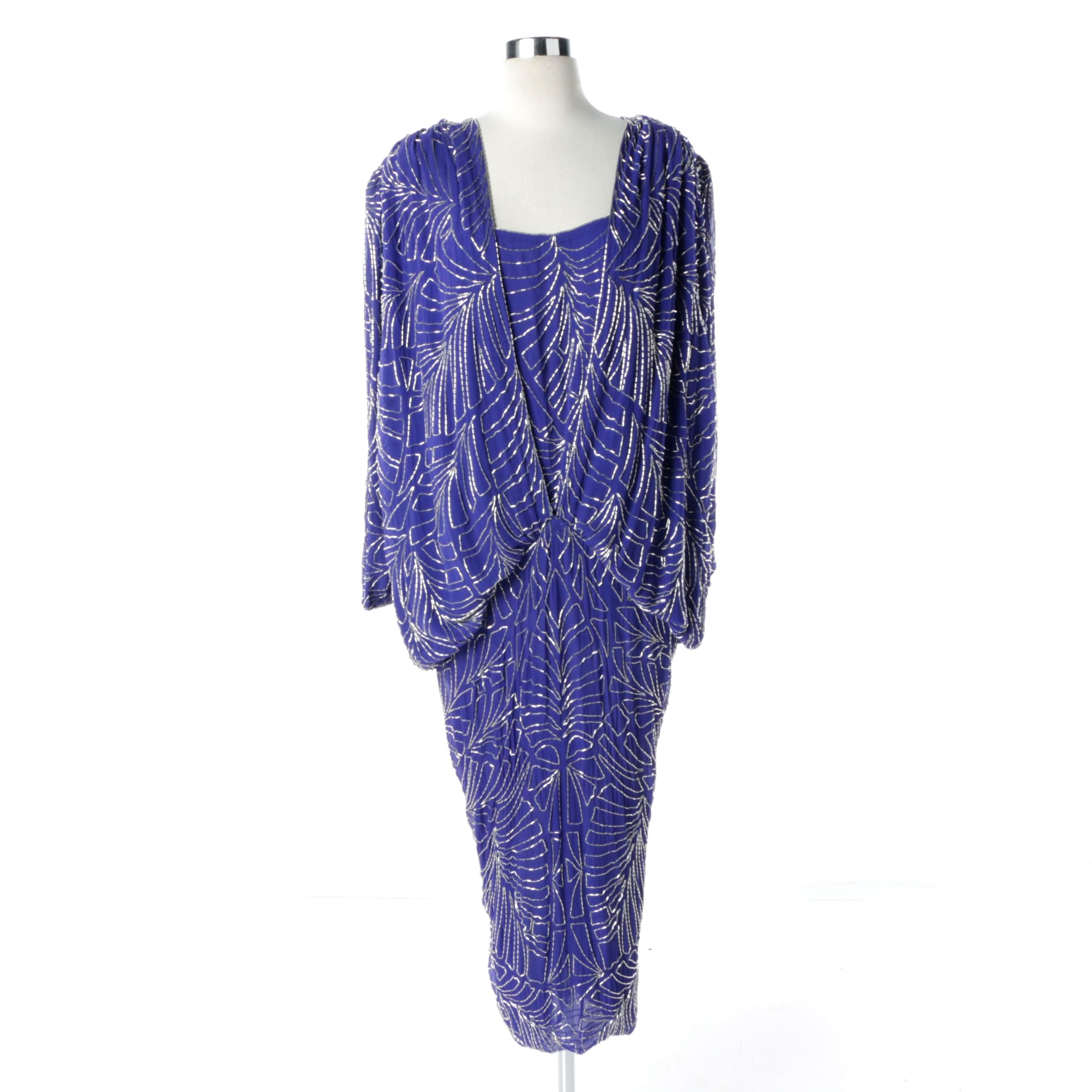 Circa 1980s Judith Ann Creations Beaded Blue Silk Chiffon Dress