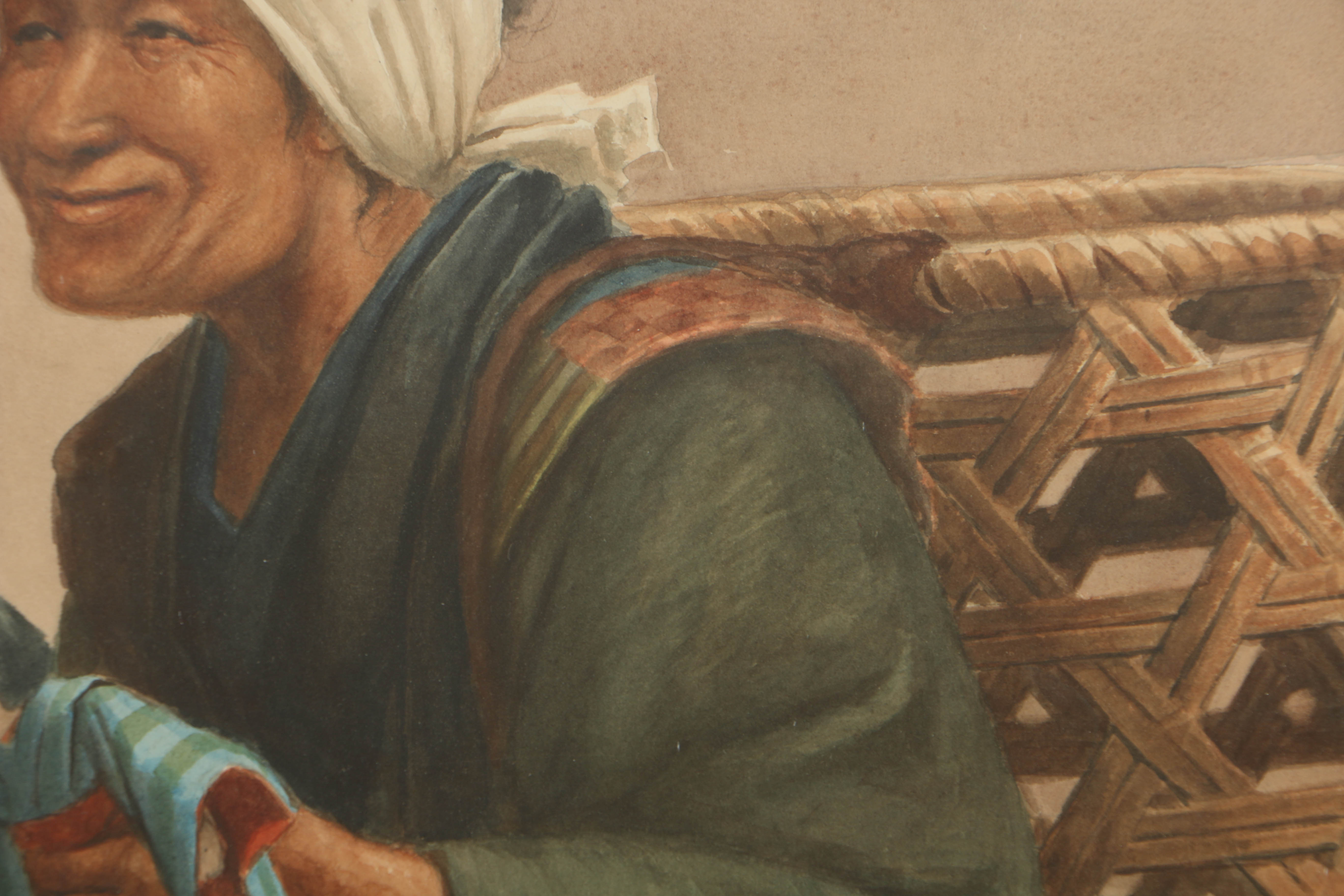 J.S. Yamamoto Watercolor Portrait on Paper of Villager with a Doll