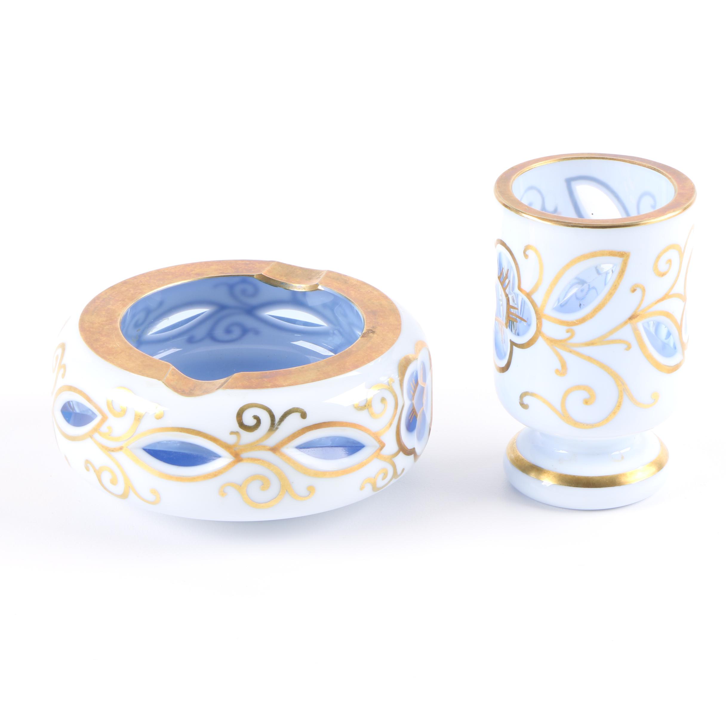 Bohemian Style Cased Glass Tumbler and Ash Receiver with Decorative Tableware