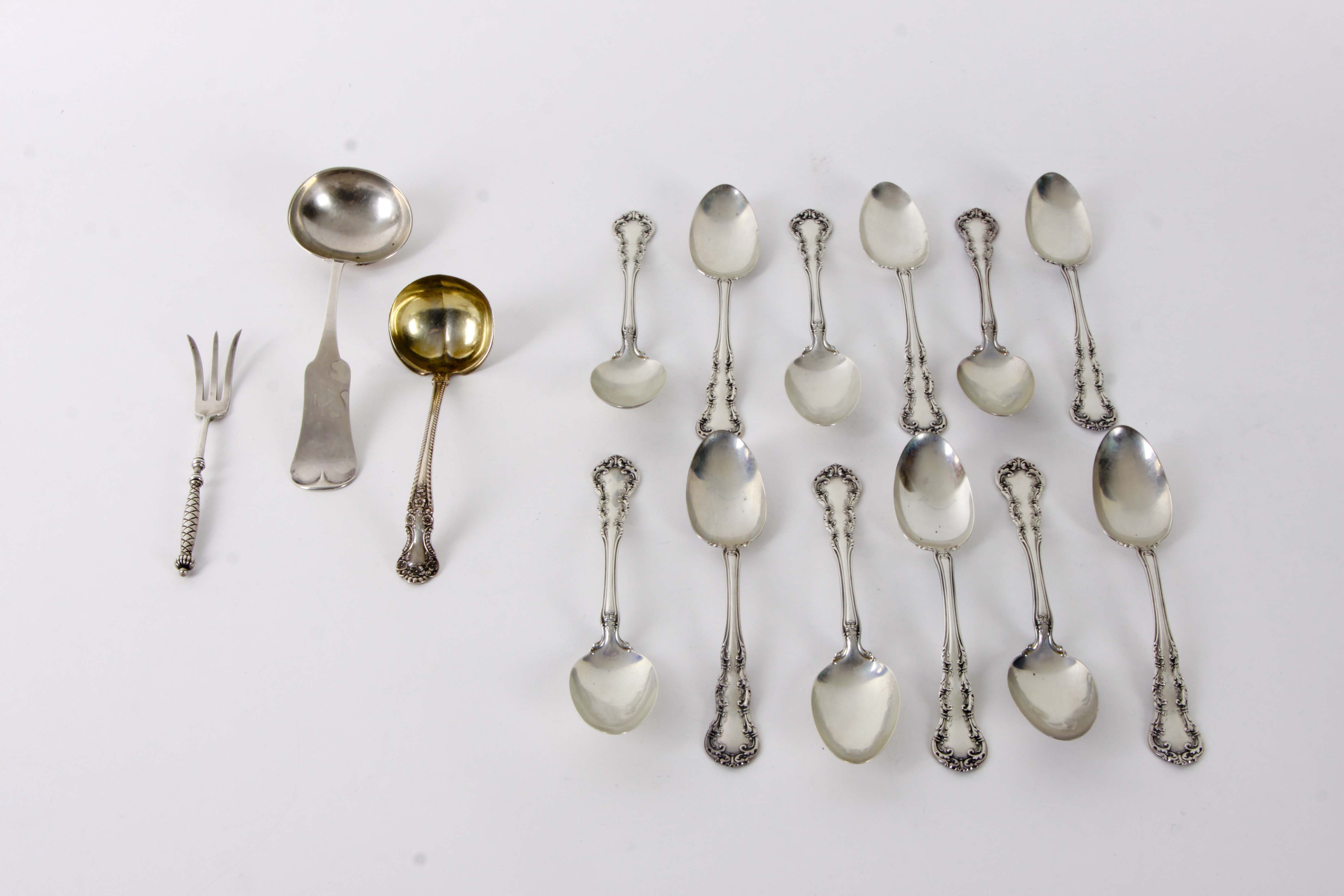 E & D Kinsey Coin Silver Ladle and Other American Sterling Silver Flatware