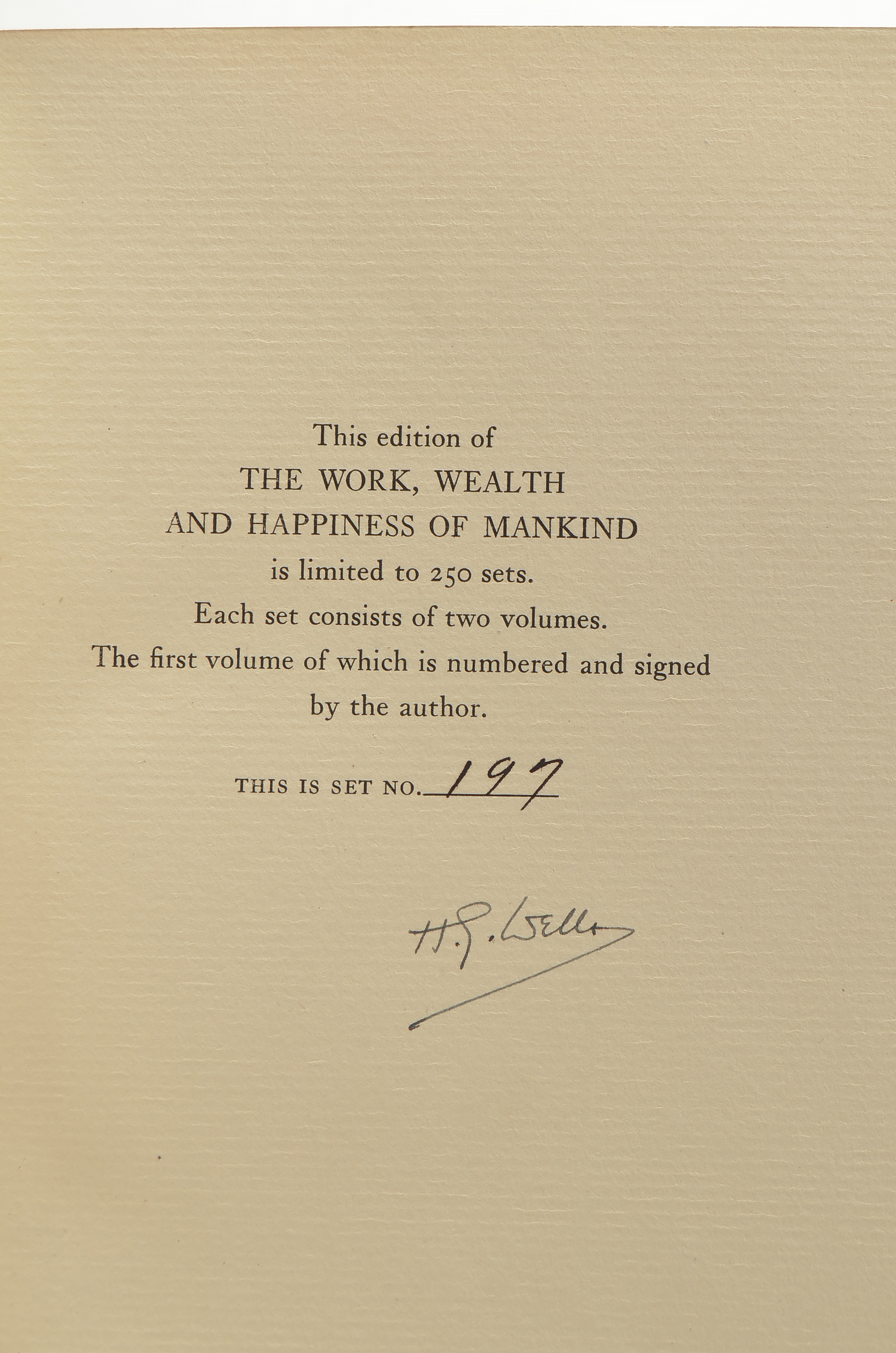 1931 Signed Limited Edition H.G. Wells "The Work, Wealth & Happiness of Mankind"