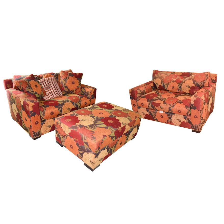 Pair of Floral Upholstered Lounge Chairs with Ottoman by Crate & Barrel