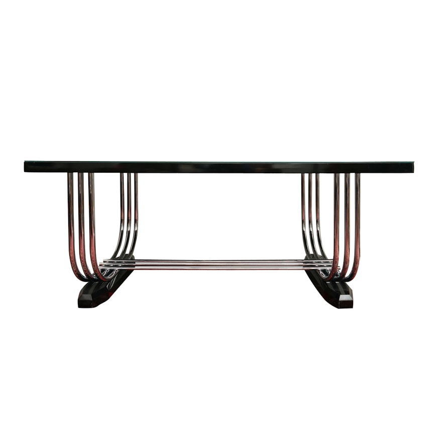 English Art Deco Chromed Metal and Ebonized Wood Dining Table by P.E.L.