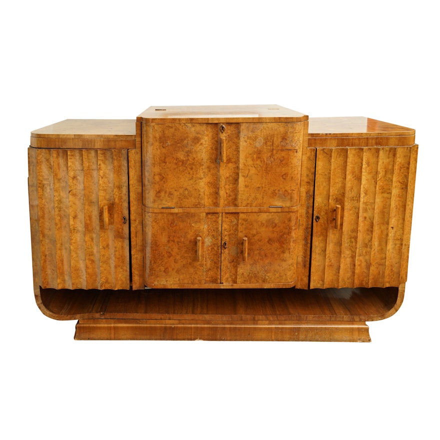 English Art Deco Burl Walnut Bar Cabinet, probably Epstein Brothers