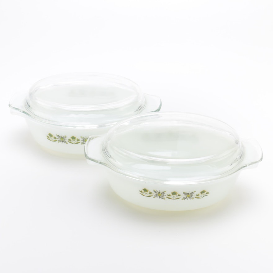 Anchor Hocking "Green Meadow" Casserole Dishes with Lids, Circa 1968-1976