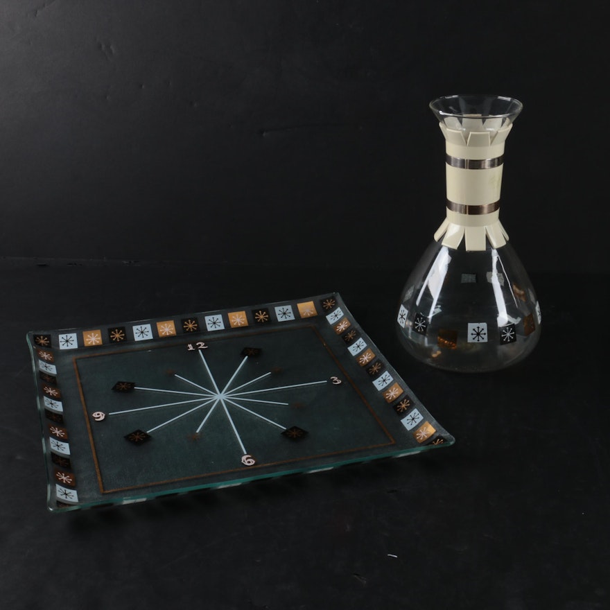 Vintage Atomic Glass Carafe and Tray