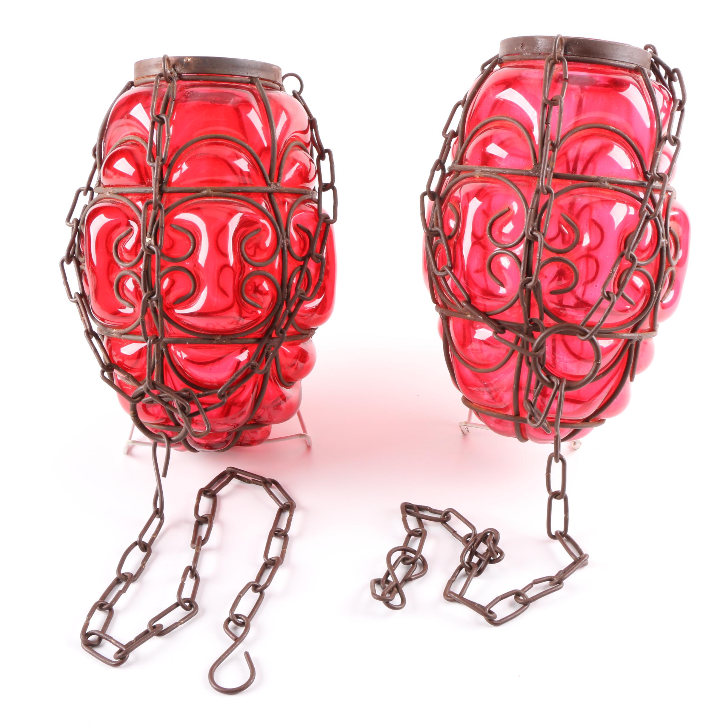 Red Glass and Metal Hanging Lanterns
