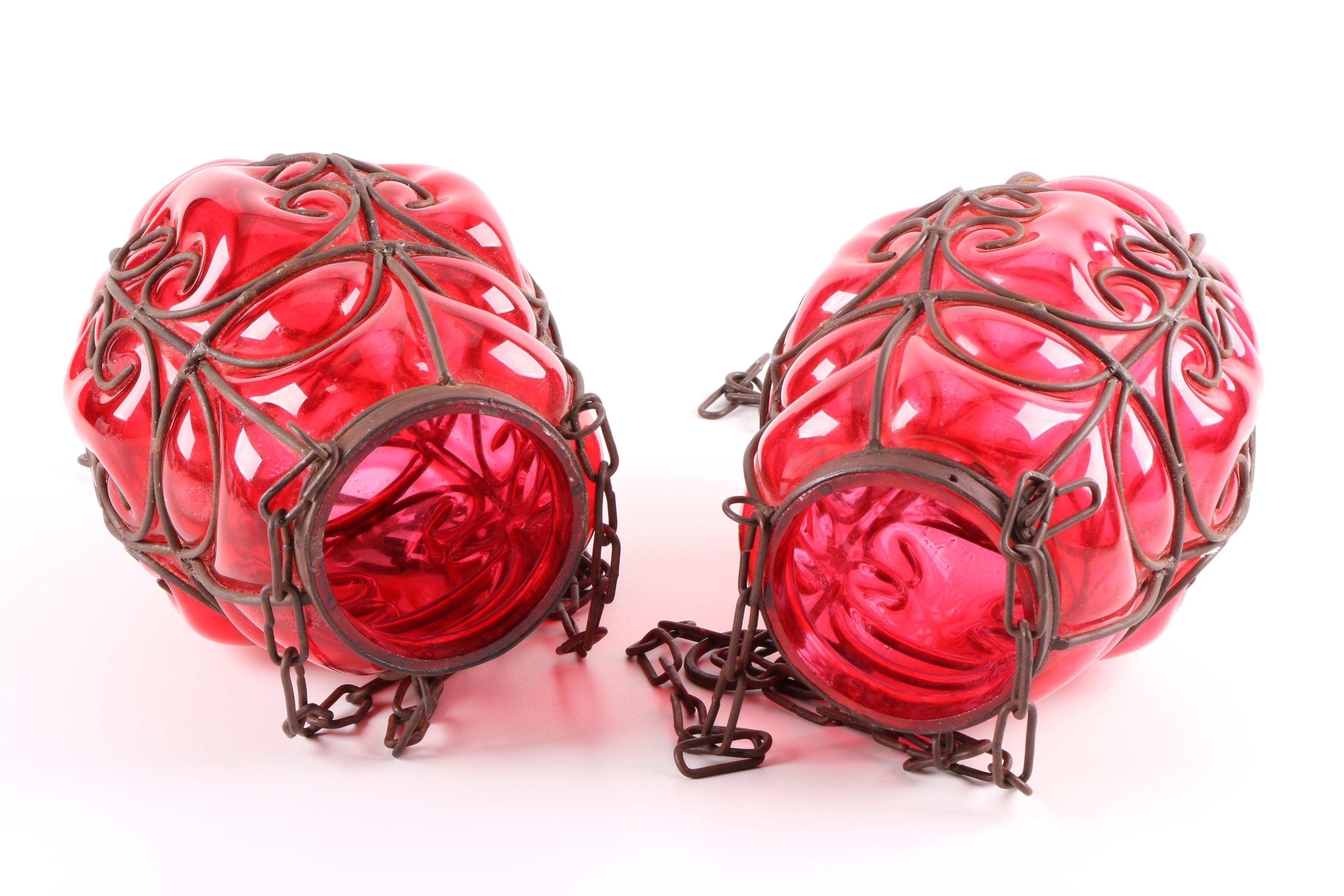 Red Glass and Metal Hanging Lanterns