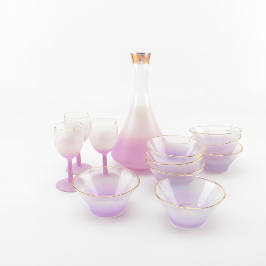 Vintage Blendo Glass Carafe, Wine Glasses and Bowls